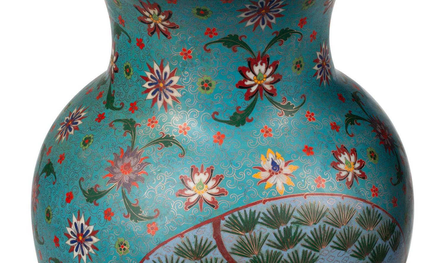 A Pair of Large Chinese Cloisonné-on-Porcelain Vases with Gilt Bronze Stands