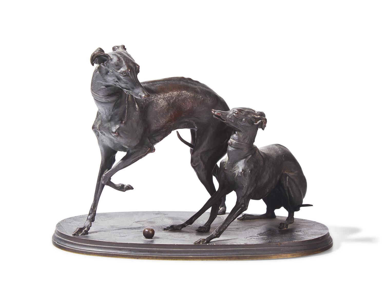 After Pierre-Jules Mêne (French, 1810-1879), A Bronze Sculpture of Two Greyhounds Playing with a Ball