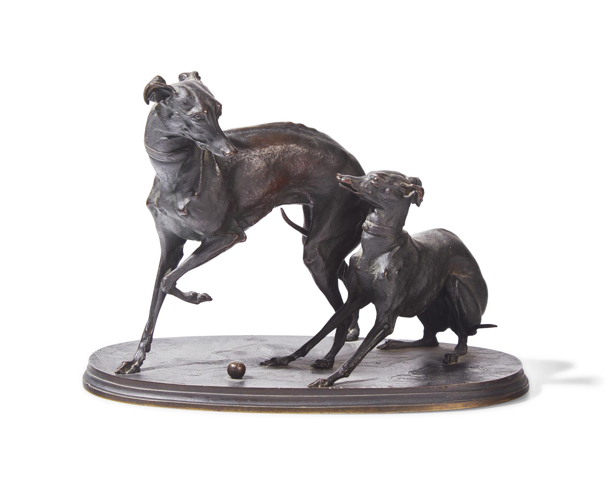 After Pierre-Jules Mêne (French, 1810-1879), A Bronze Sculpture of Two Greyhounds Playing with a Ball