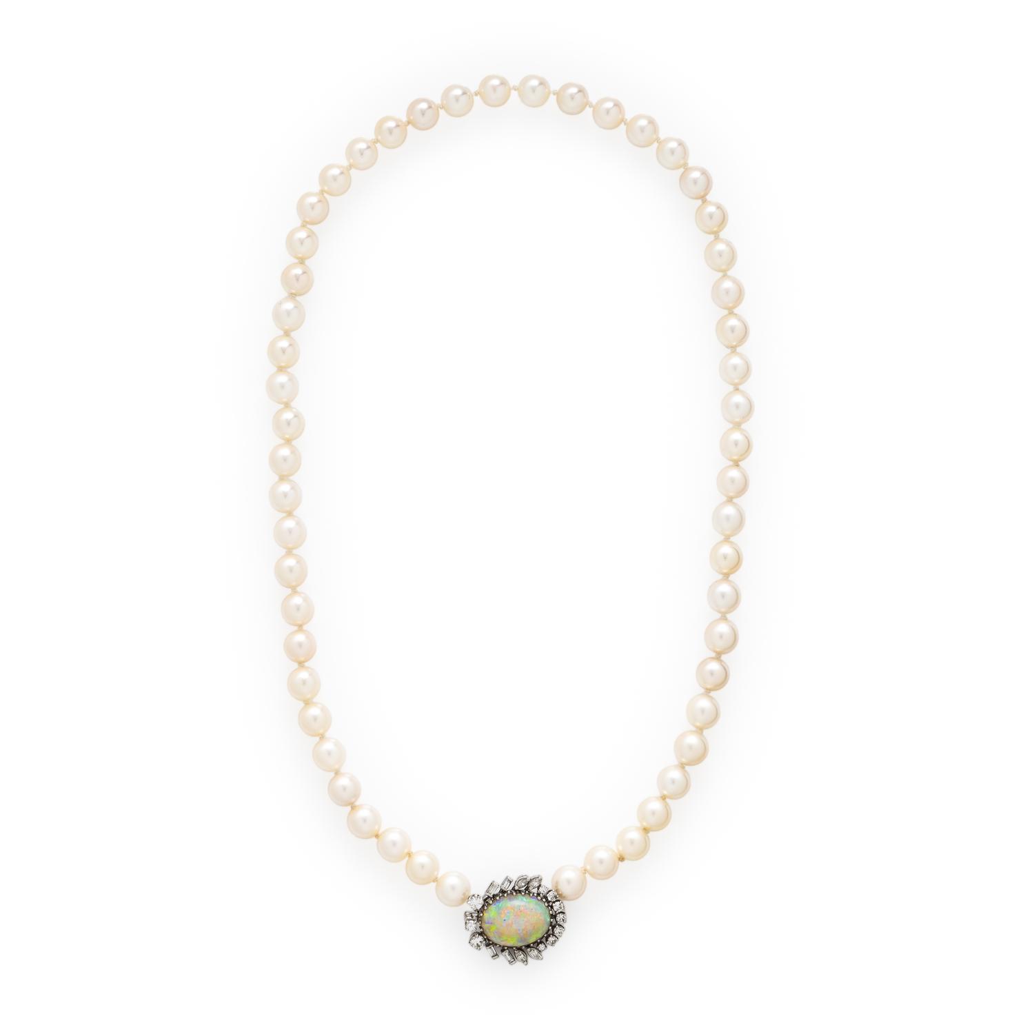 Cultured Pearl, Opal, and Diamond Necklace