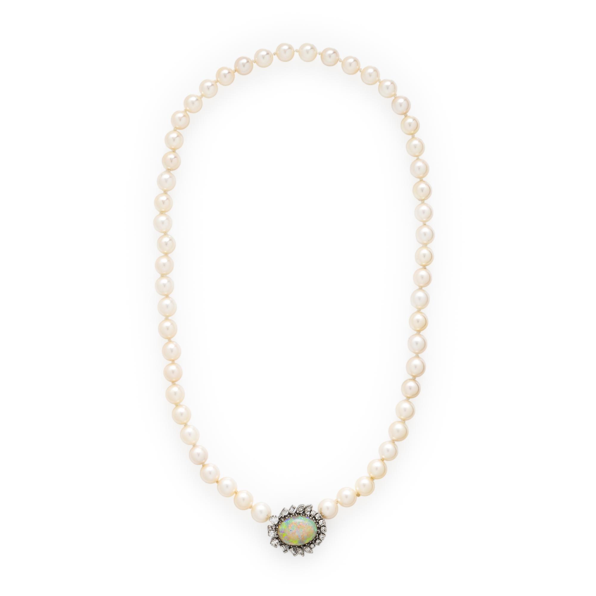 Cultured Pearl, Opal, and Diamond Necklace
