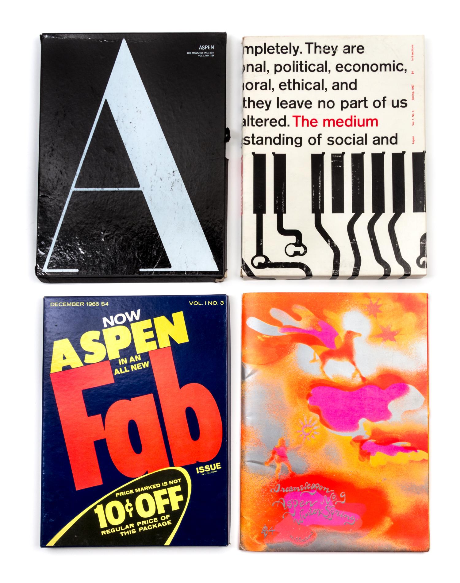 ASPEN MAGAZINE. Aspen Magazine. 6 parts, comprising vol. 1, nos. 1-4 (4 boxes), 5-6 (one box), 6a and 9 (folders). New York, 1966-1970.
