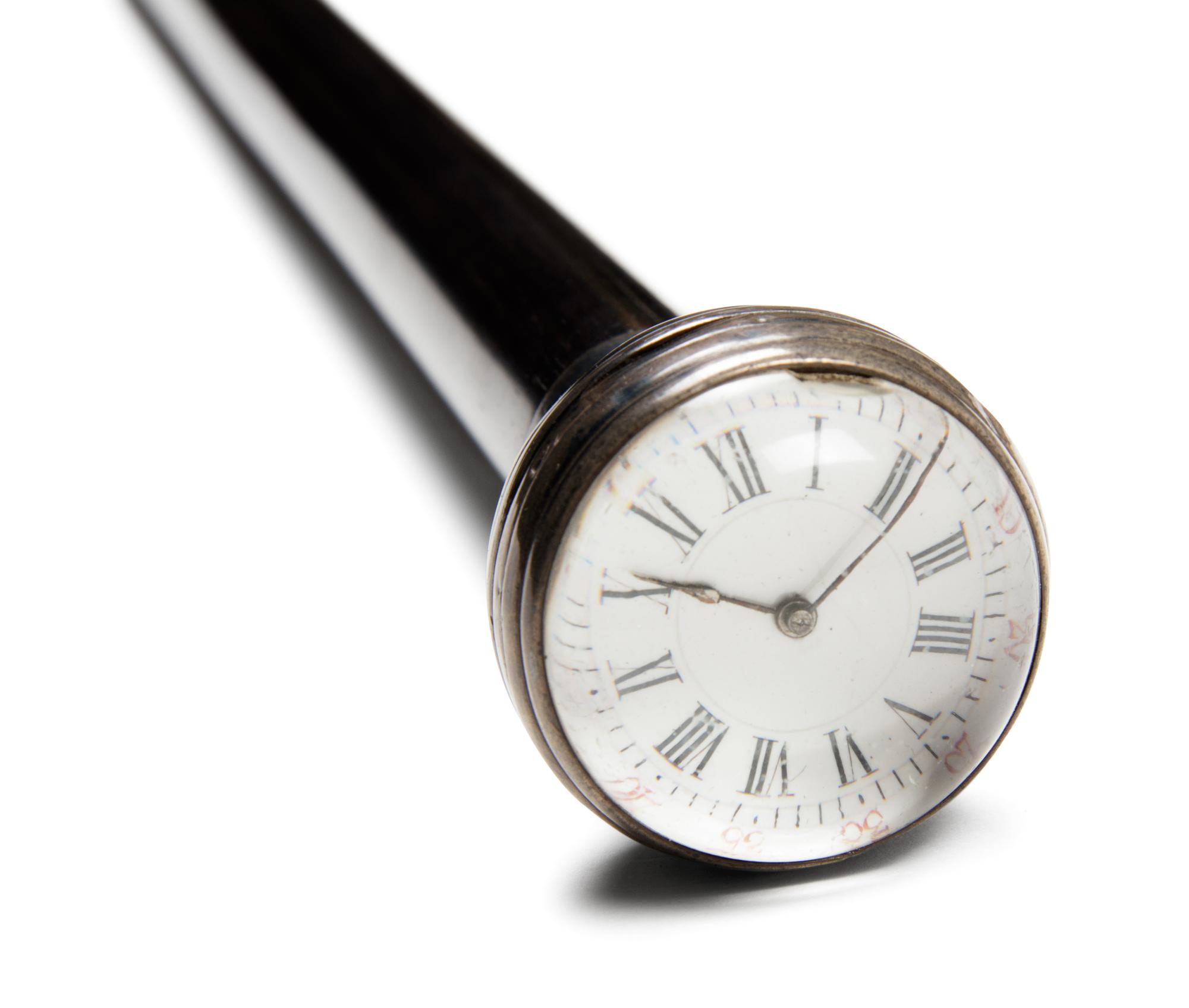 A French Silver Watch-Mounted Ebony Walking Stick