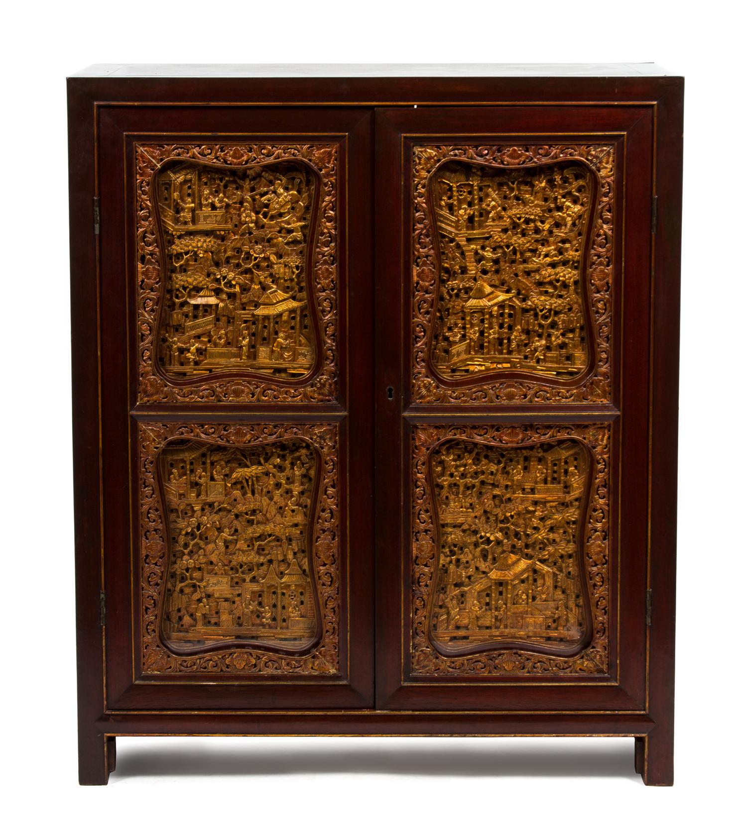 A Chinese Export Gilt Lacquered Rosewood Cabinet Height 73 1/2 x width 32 1/2 x depth 16 inches. — EARLY 20TH CENTURY