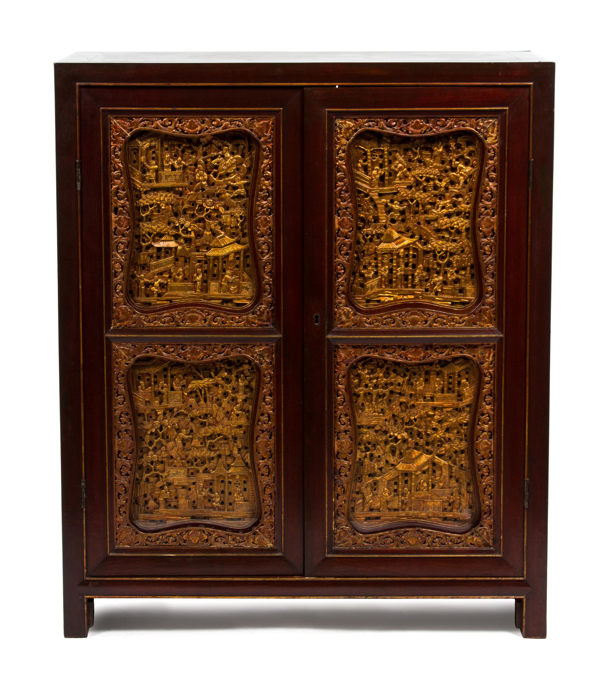 A Chinese Export Gilt Lacquered Rosewood Cabinet Height 73 1/2 x width 32 1/2 x depth 16 inches. — EARLY 20TH CENTURY
