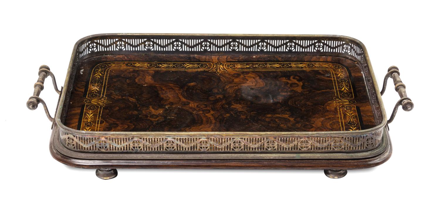 An English Burl Walnut and Silverplate Serving Tray Length over handles 21 inches. — HENRY LOVERIDGE & CO, 19TH CENTURY