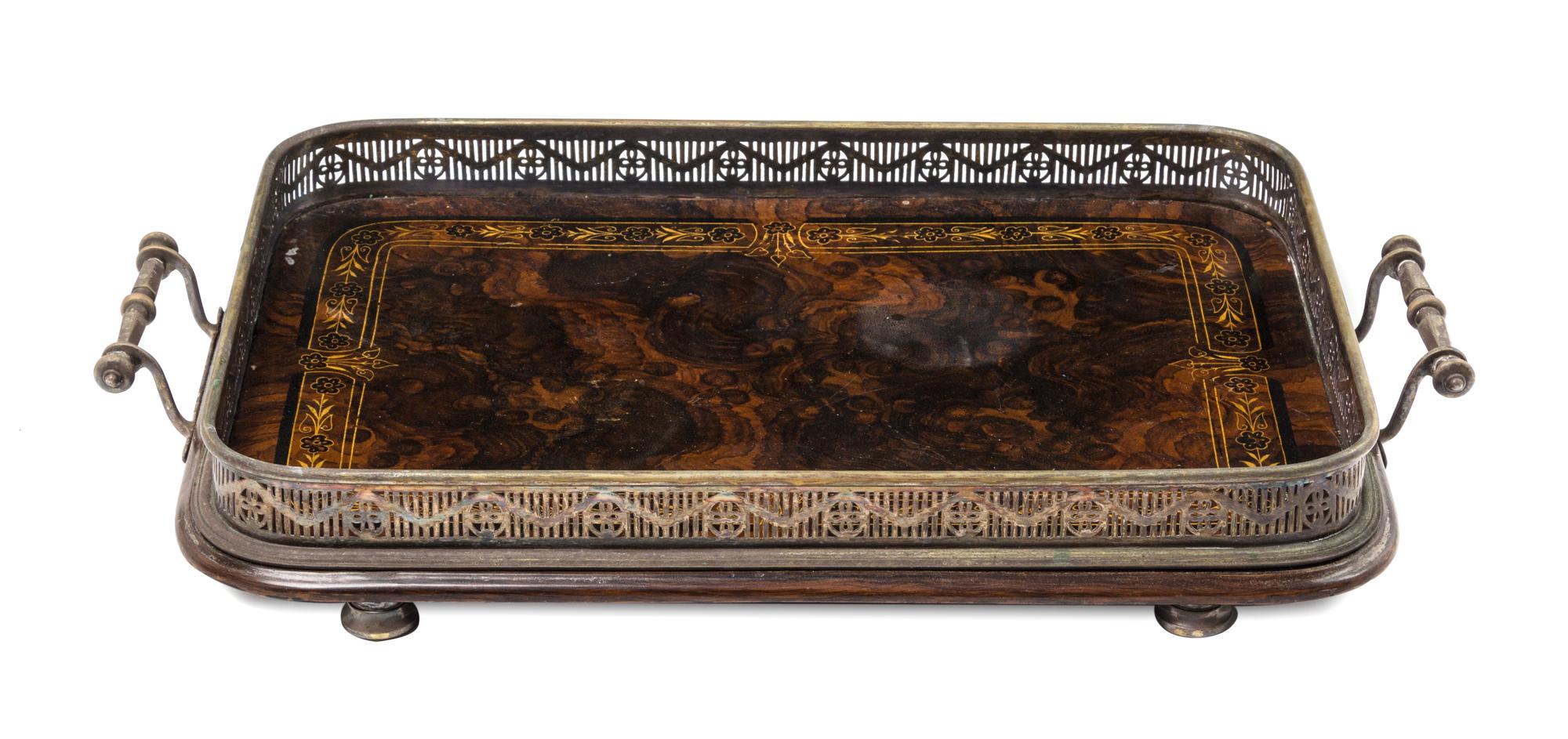An English Burl Walnut and Silverplate Serving Tray Length over handles 21 inches. — HENRY LOVERIDGE & CO, 19TH CENTURY