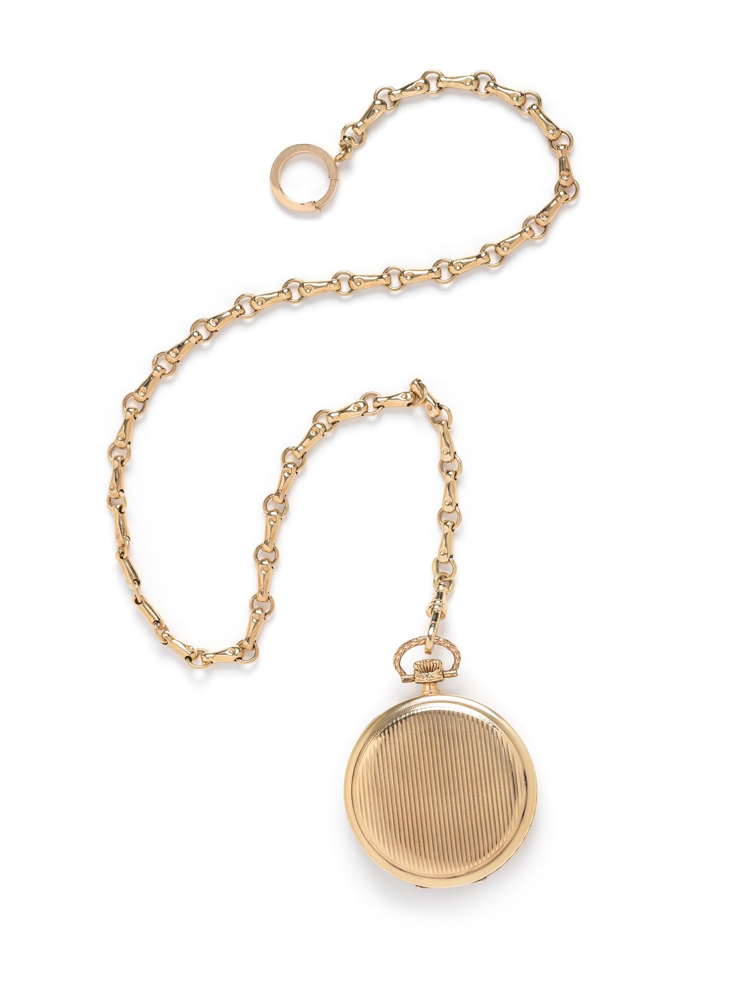 LONGINES, 14K YELLOW GOLD OPEN FACE POCKET WATCH AND YELLOW GOLD FOB CHAIN