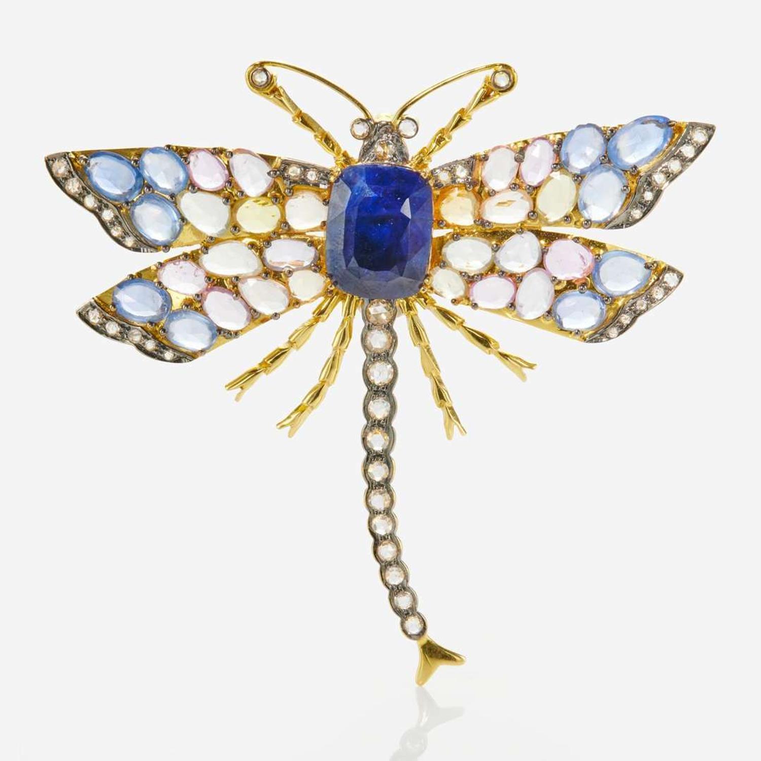 An 18K Yellow Gold, Sapphire, and Diamond Pin