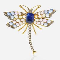 An 18K Yellow Gold, Sapphire, and Diamond Pin