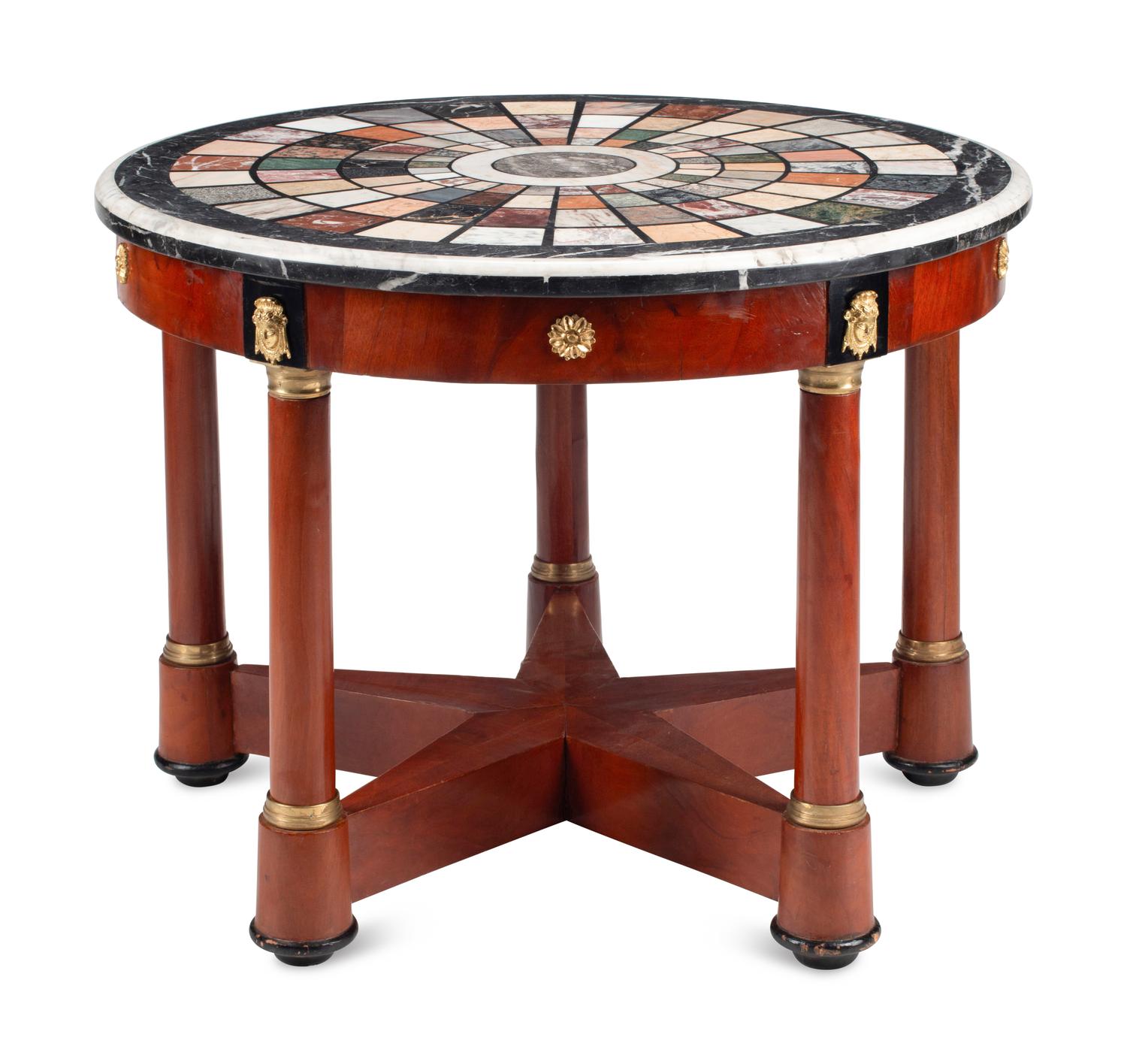 An Empire Style Gilt Bronze Mounted Mahogany and Specimen Marble Center Table