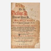 A tooled and colored leather-bound hymnal together with a large leather-bound Swiss Reform Lutheran bible; The hymnal printed by Ernst Ludwig Baisch, Philadelphia, PA, 1774, the bible printed in Basel, Switzerland, 1736