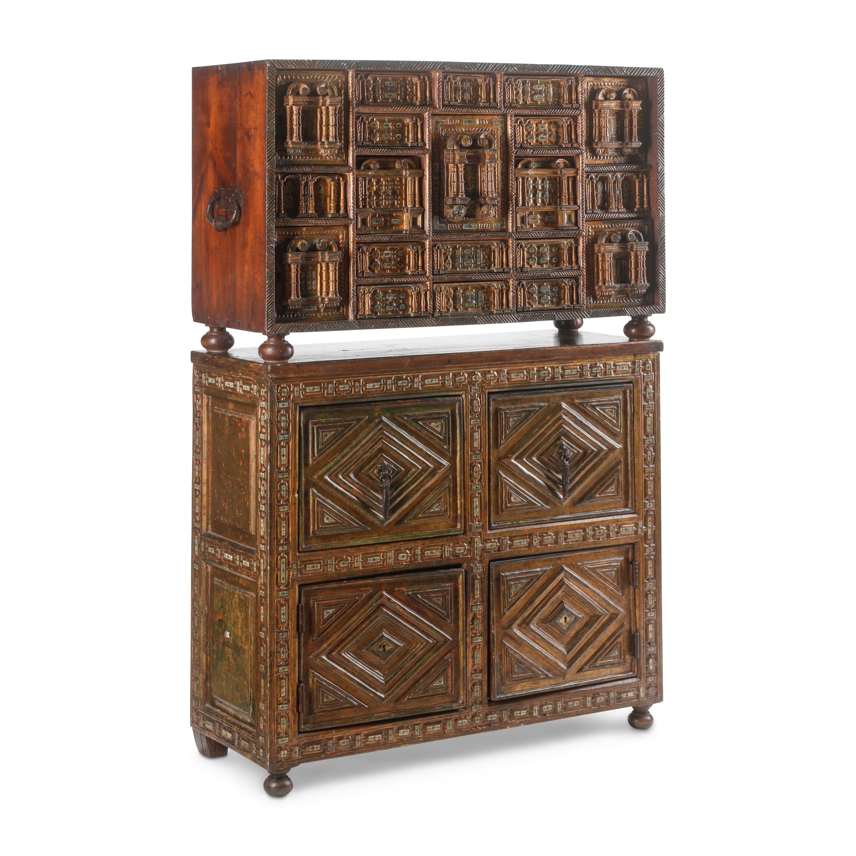 A Spanish Walnut and Marquetry Vargueño and Stand