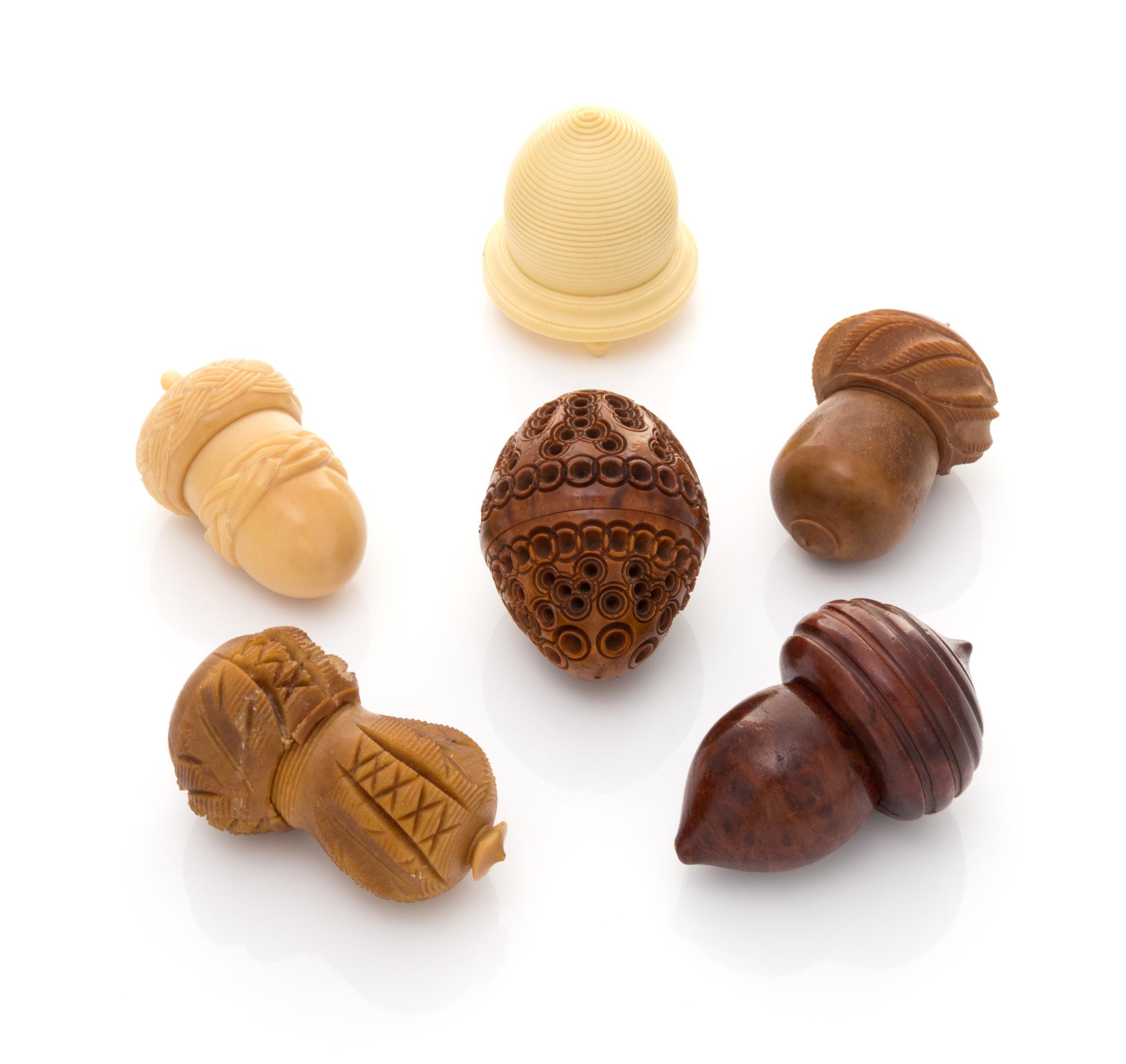 Three Vegetable Ivory Thimble Caddies Length of largest 2 3/4 inches.