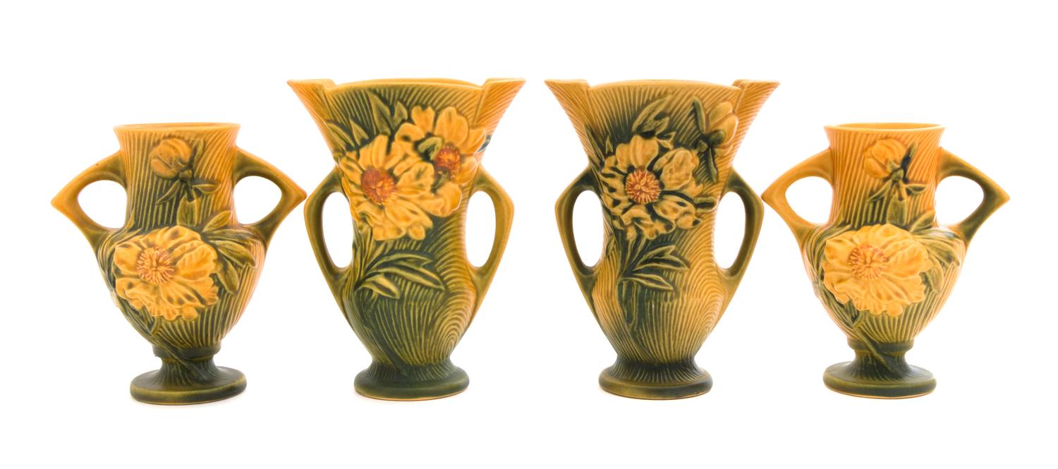 Two Pairs of Roseville Peony Pottery Vases Height of first pair 7 1/4 inches, second 6 1/4 inches.