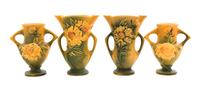Two Pairs of Roseville Peony Pottery Vases Height of first pair 7 1/4 inches, second 6 1/4 inches.