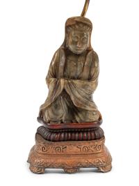 A Pair of Chinese Export Carved Figures of Buddha Mounted as Lamps