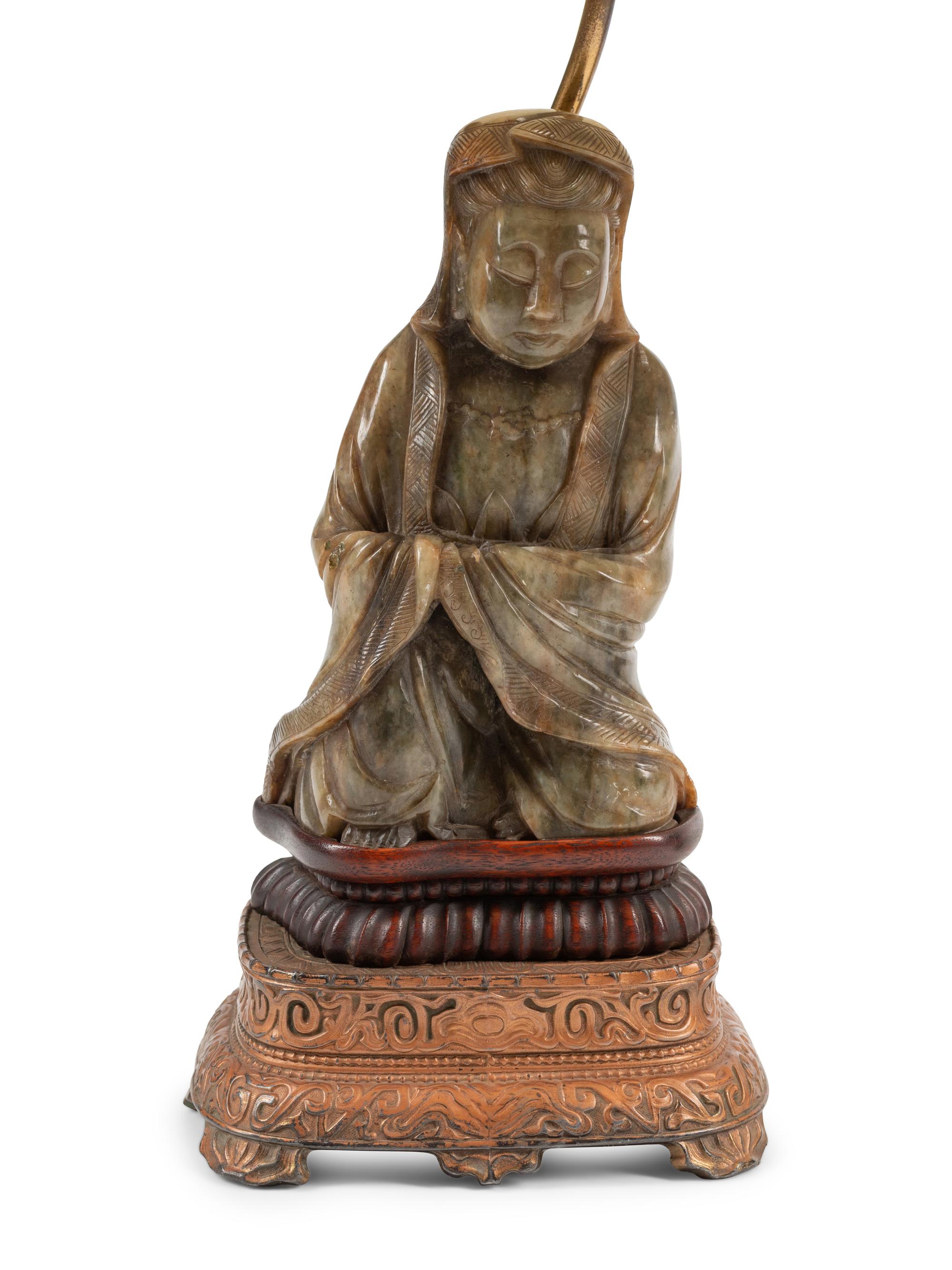 A Pair of Chinese Export Carved Figures of Buddha Mounted as Lamps
