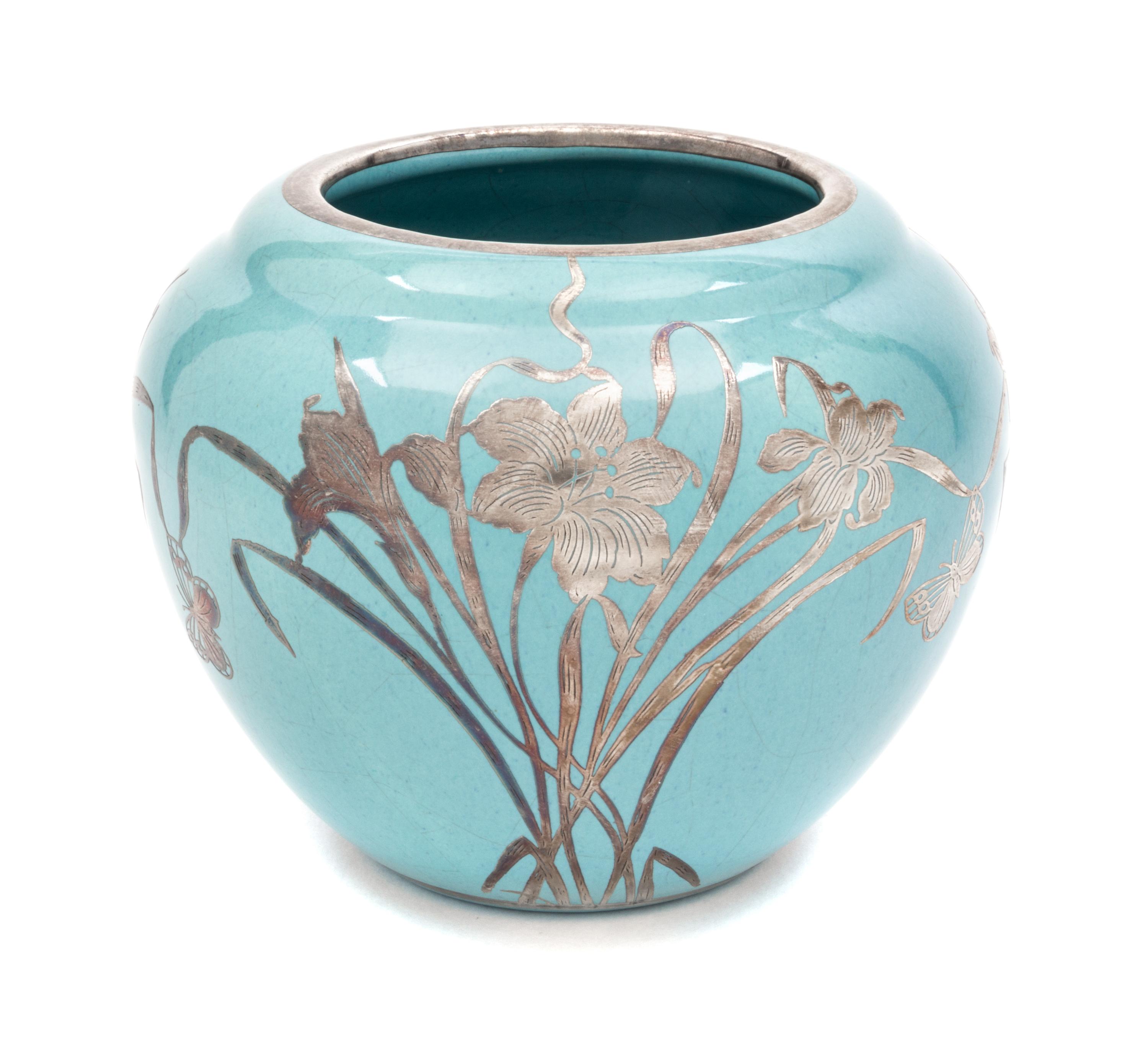 A Haeger Pottery Silver Overlay Vase Height 5 1/4 inches.