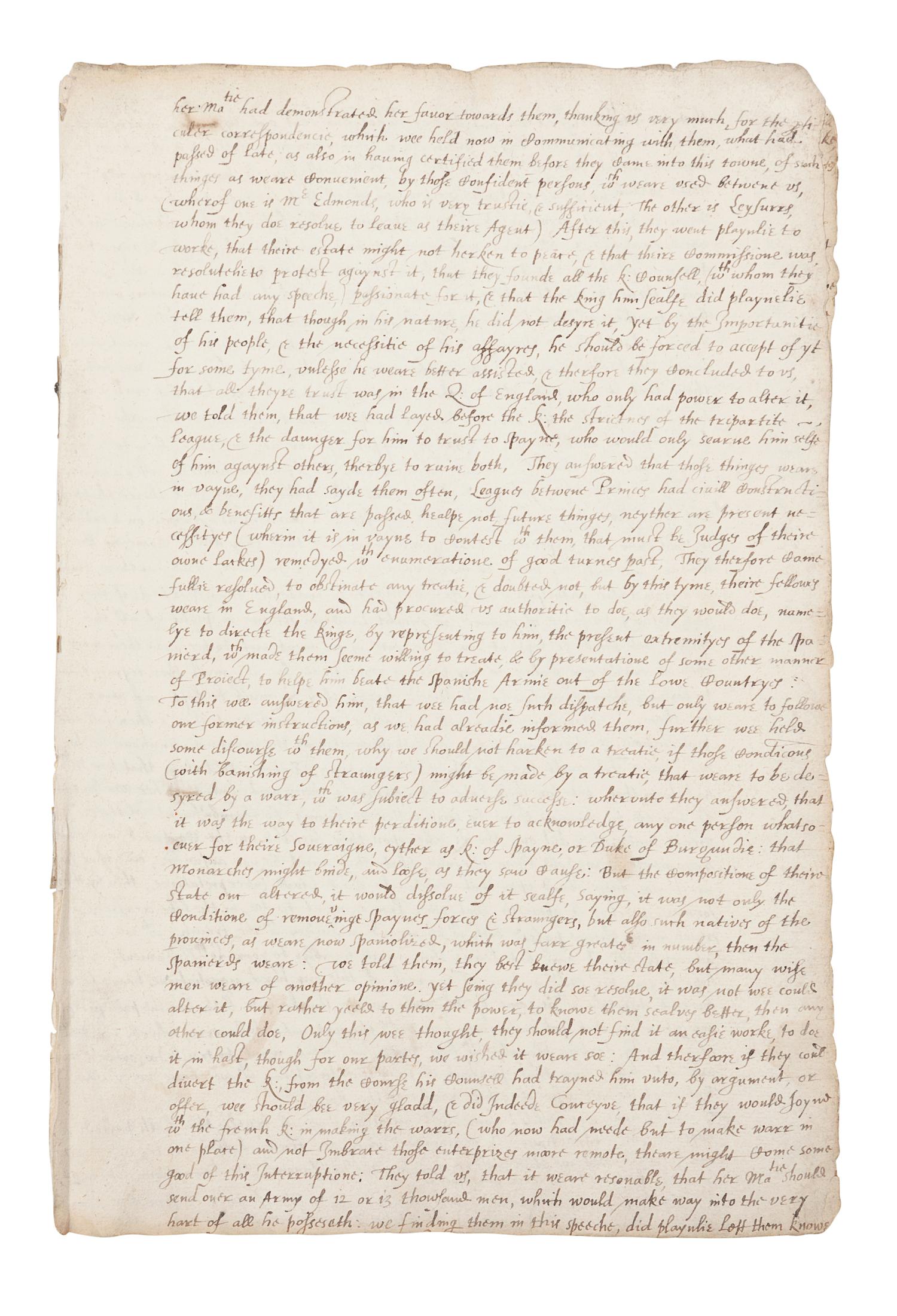 CECIL, Robert, 1st Earl of Salisbury (1563-1612). Manuscript copy of two dispatches by Sir Robert Cecil giving account of his embassy to King Henry IV of France, 23 March 1597 & 27 March 1598. [ca 17th century]. Together 17 pages (302 x 203 mm) on 5 bifolia. Marginal chipping affecting a few letters, creased, some minor soiling.