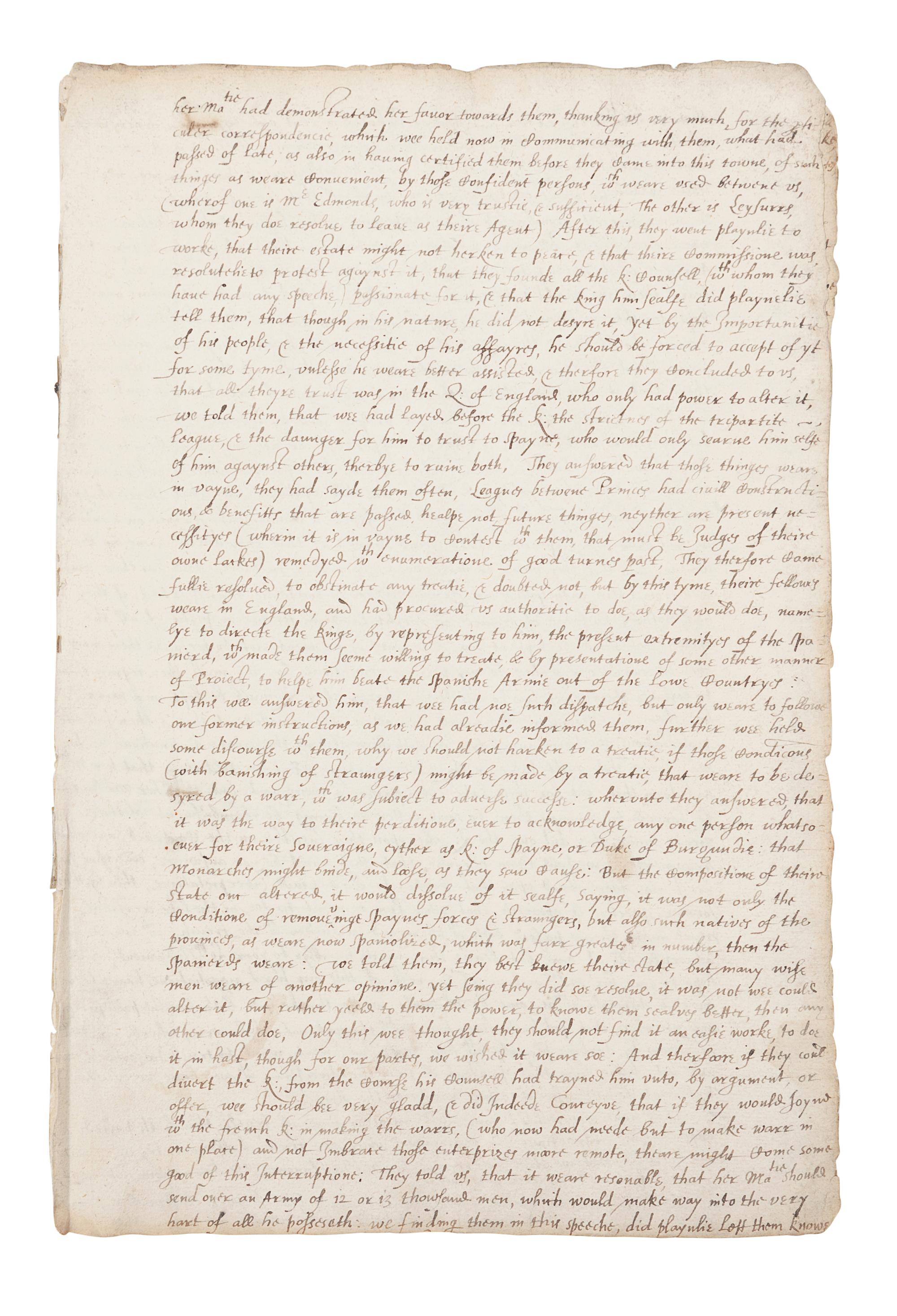 CECIL, Robert, 1st Earl of Salisbury (1563-1612). Manuscript copy of two dispatches by Sir Robert Cecil giving account of his embassy to King Henry IV of France, 23 March 1597 & 27 March 1598. [ca 17th century]. Together 17 pages (302 x 203 mm) on 5 bifolia. Marginal chipping affecting a few letters, creased, some minor soiling.