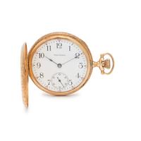 WALTHAM, 14K YELLOW GOLD HUNTER CASE POCKET WATCH AND FOB CHAIN
