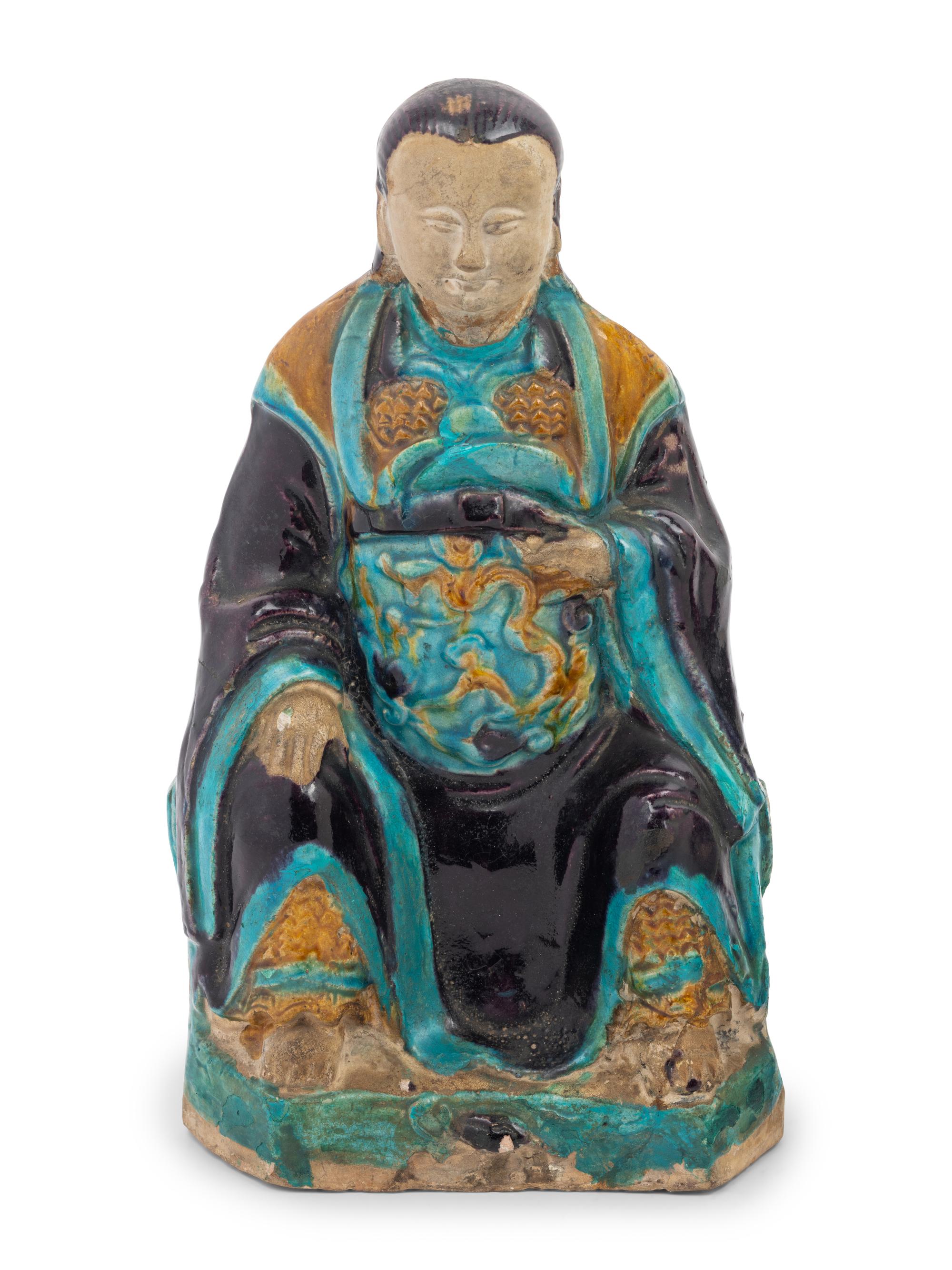Two Turquoise, Yellow and Blue Glazed Tilework's Figures of Daoist Immortals