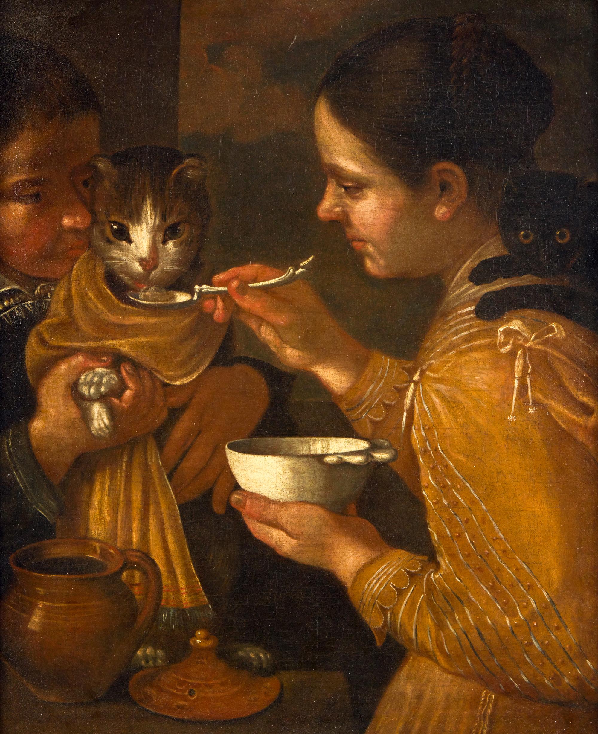 Children Feeding a Cat