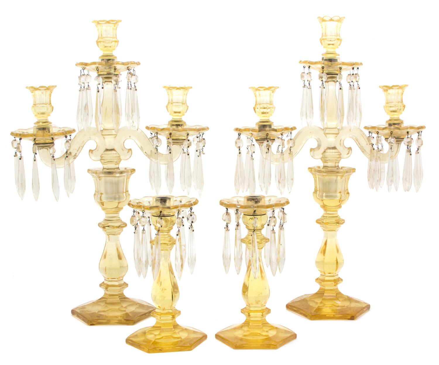 A Pair of Yellow Crystal and Beaded Four-Light Candelabra Height 20 1/4 inches. — 20TH CENTURY