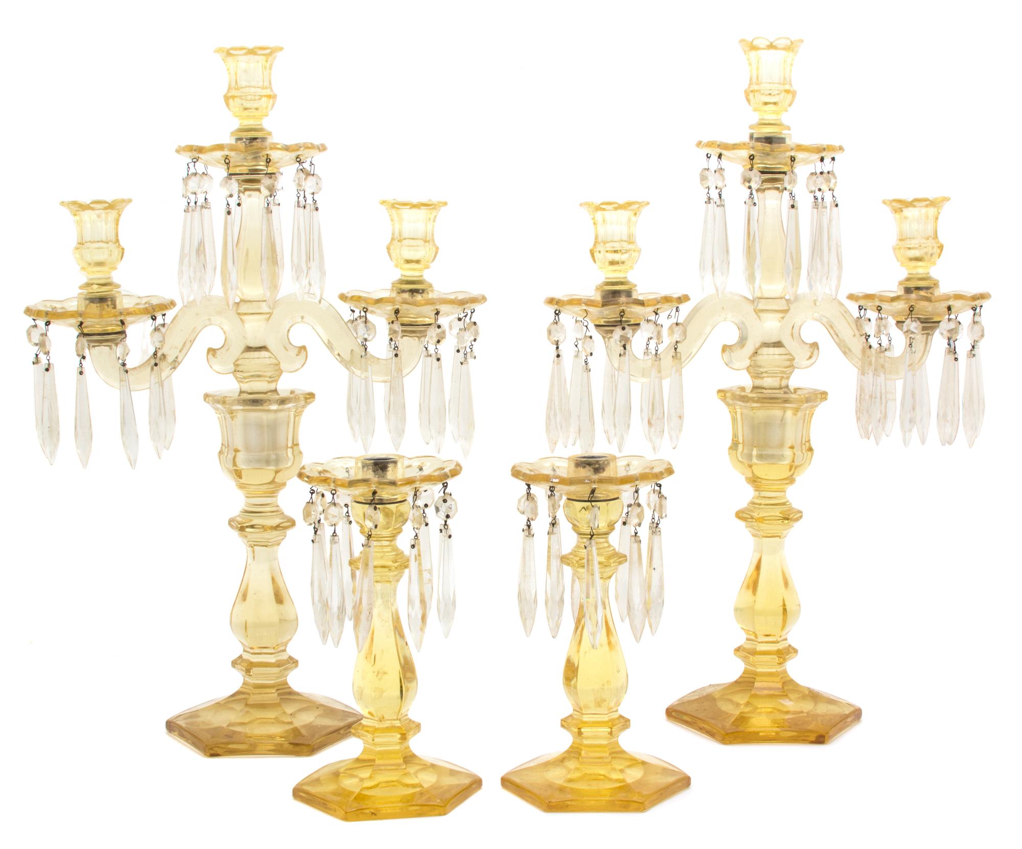 A Pair of Yellow Crystal and Beaded Four-Light Candelabra Height 20 1/4 inches. — 20TH CENTURY