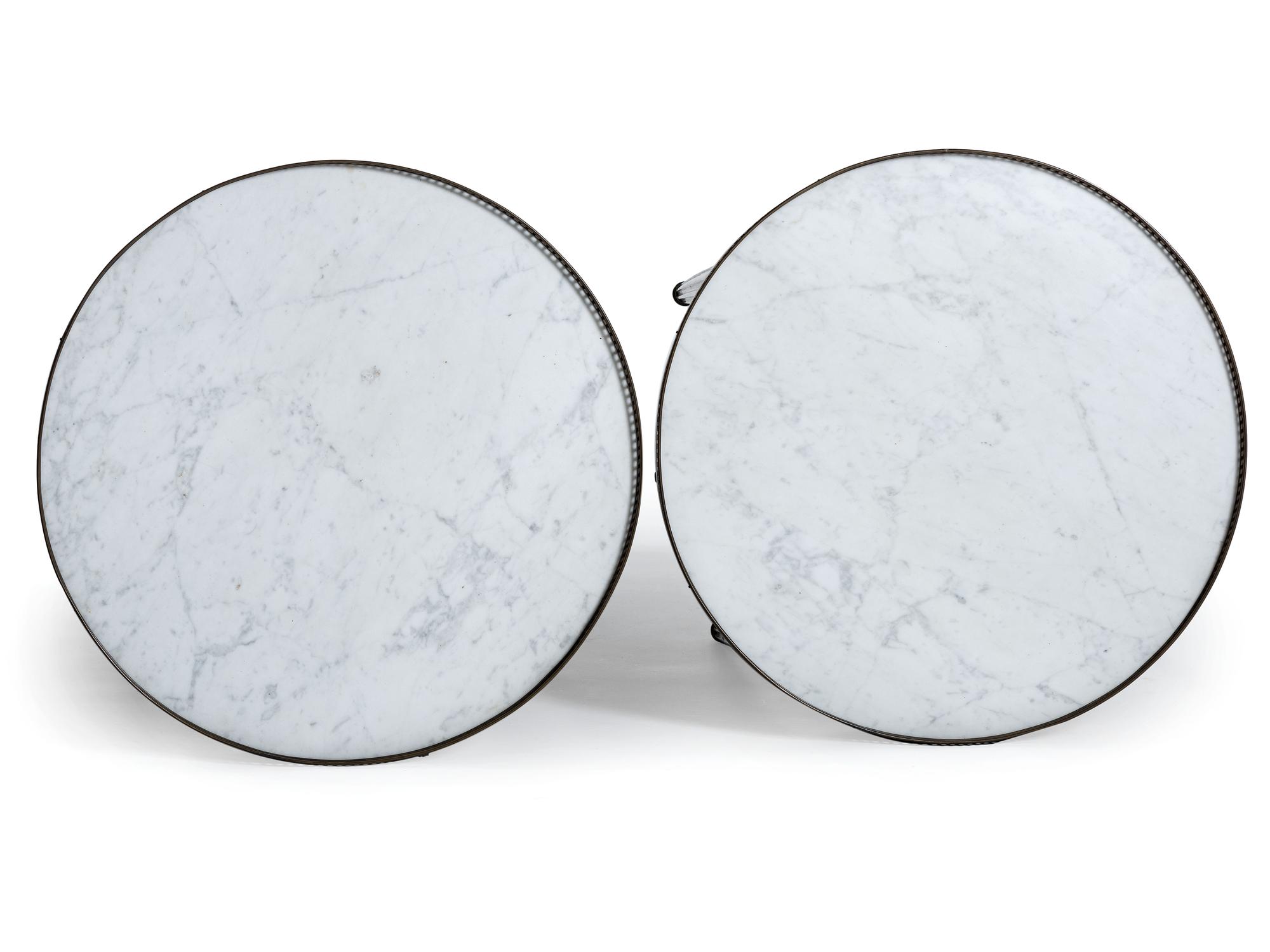 A Pair of Jacques Bodart Louis XVI Style Marble Top Bouillotte Tables