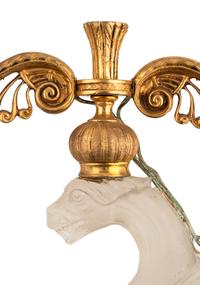 A Pair of French Gilt Bronze and Frosted Glass Two-Light Sconces