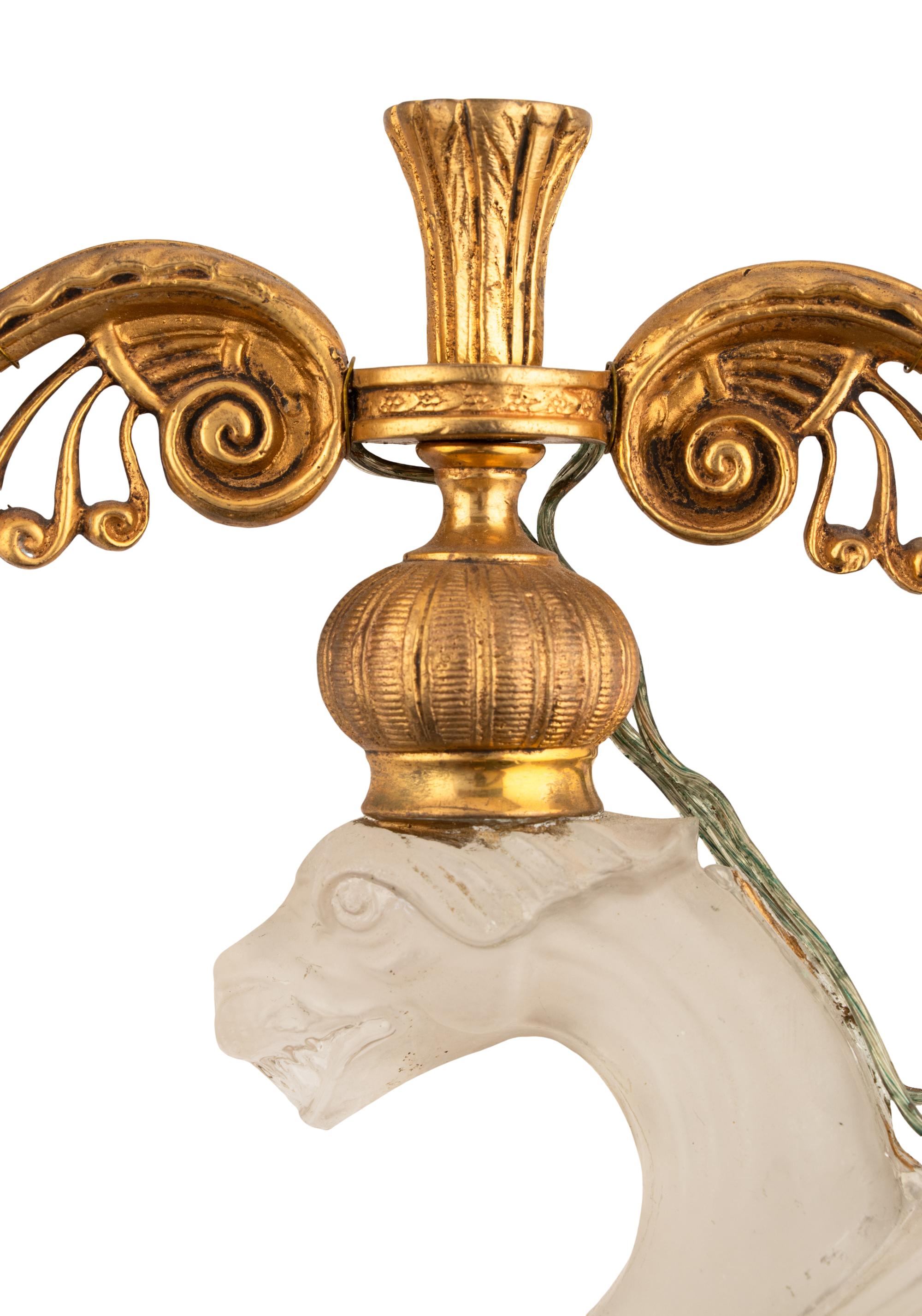 A Pair of French Gilt Bronze and Frosted Glass Two-Light Sconces
