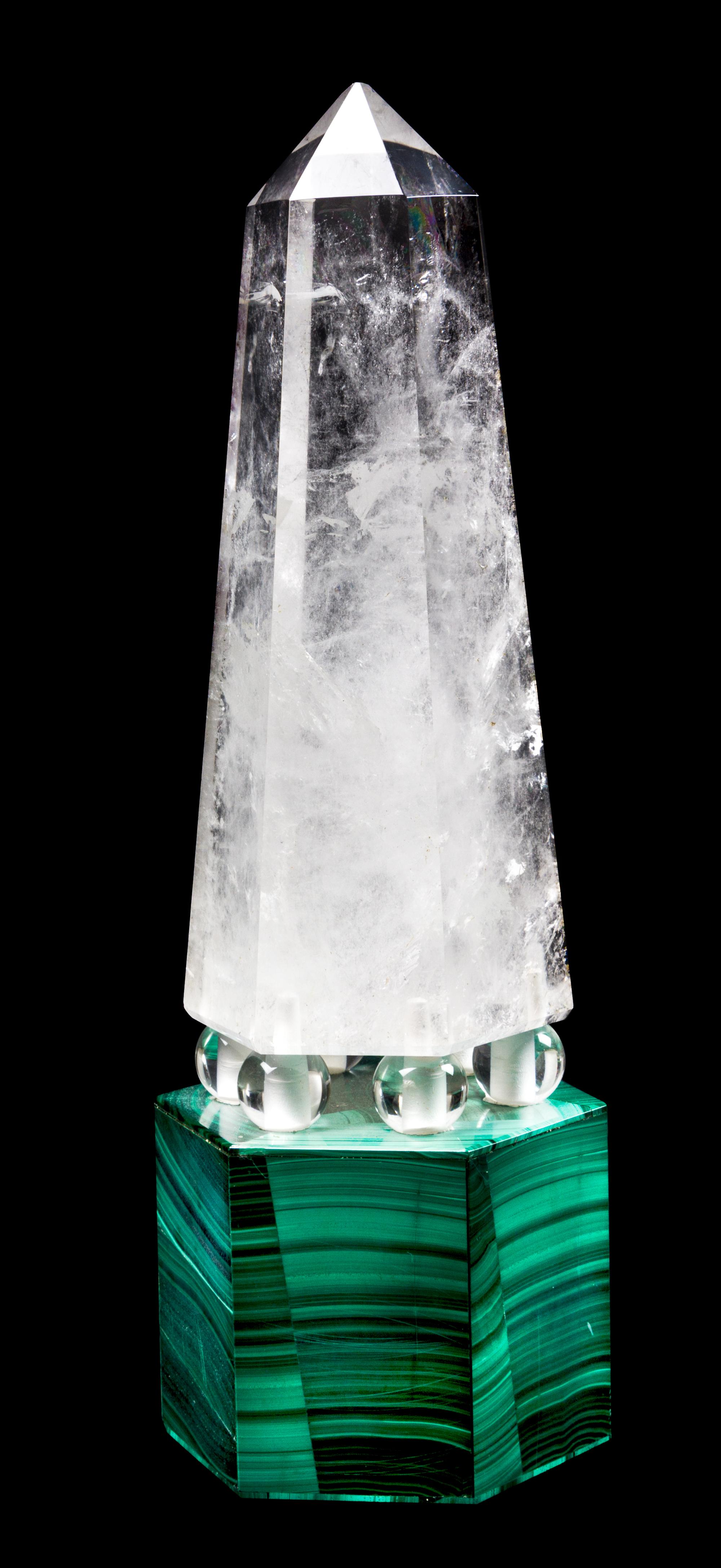 A Rock Crystal Obelisk Mounted on a Malachite Base Height 12 3/4 inches. — 20TH CENTURY