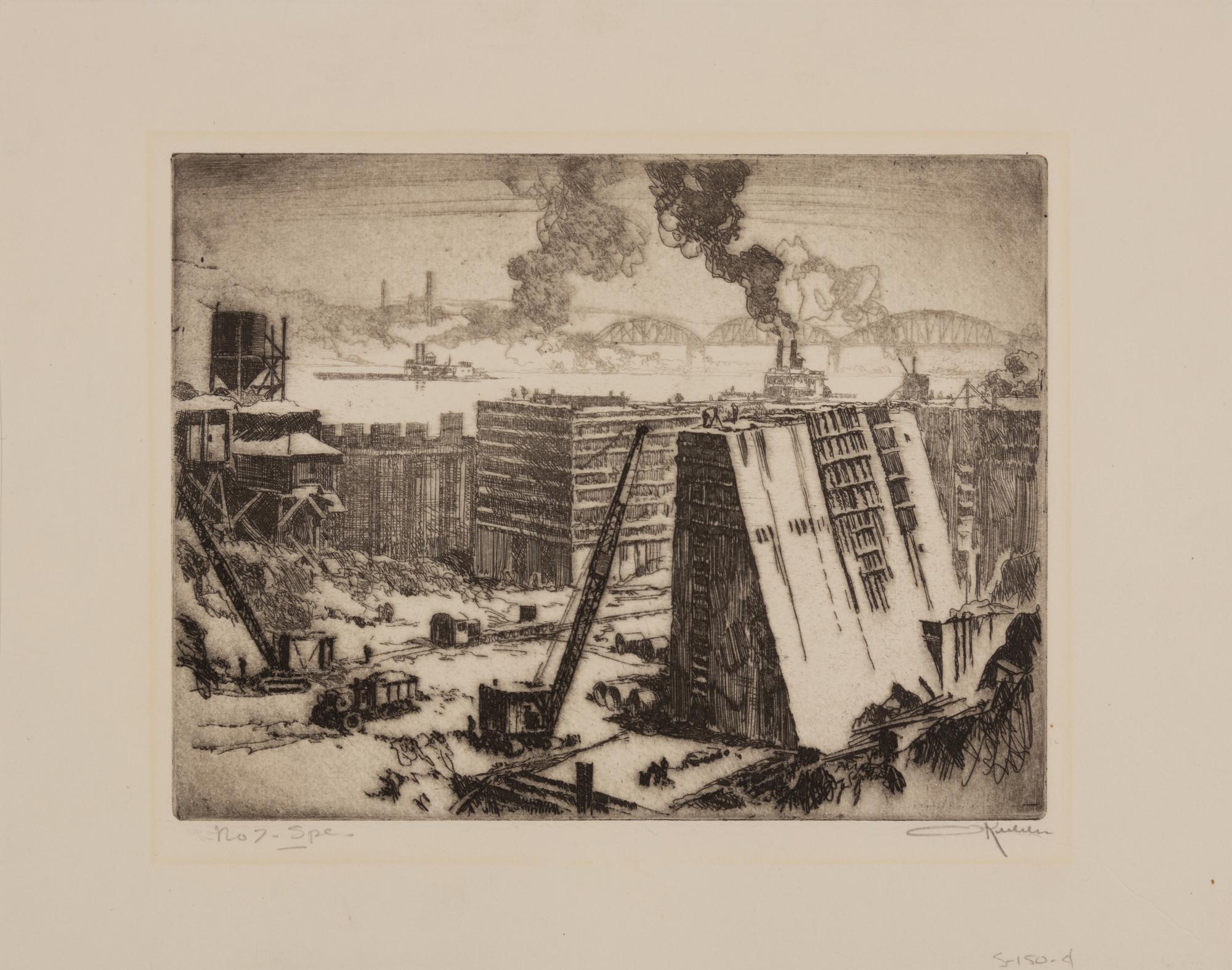 A group of four American prints (Otto Kuhler, No 7 Sp ; Armin Landeck, Excavation Site Manhattan ; Betty Waldo Parish, City Landscape; Bernard Gutmann , Fairy Tower NYC Downtown )