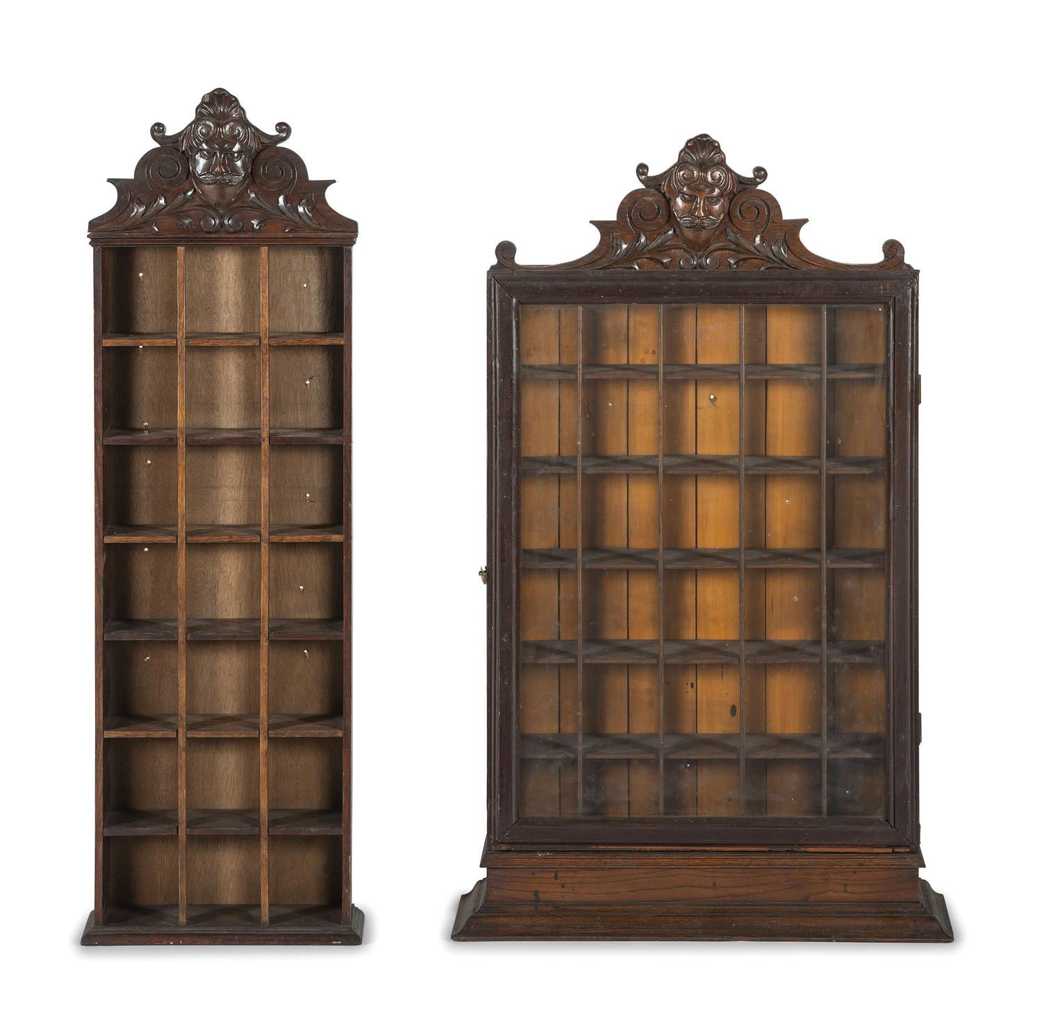 Two Mask Carved Oak Shaving Mug Cabinets