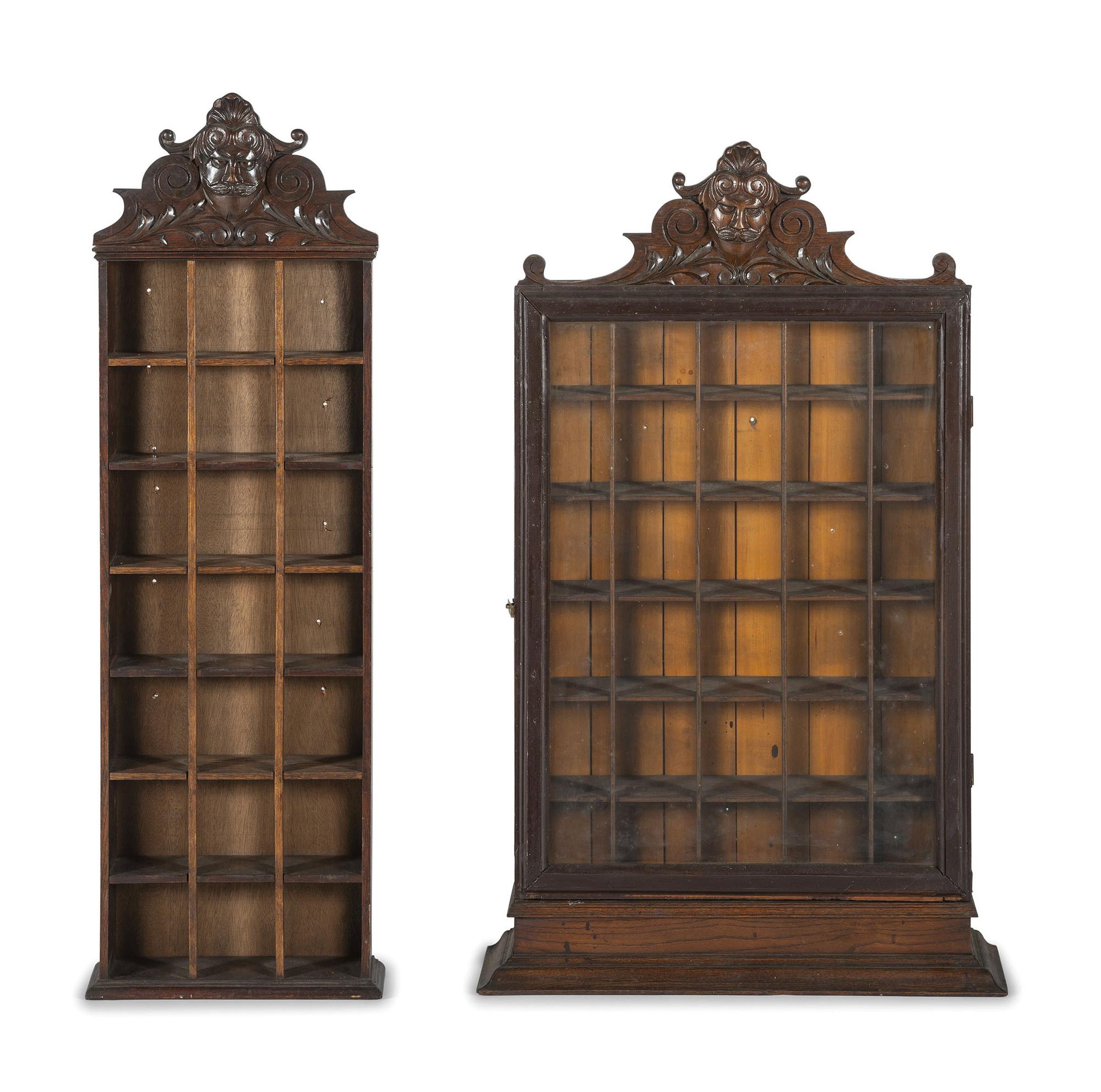 Two Mask Carved Oak Shaving Mug Cabinets