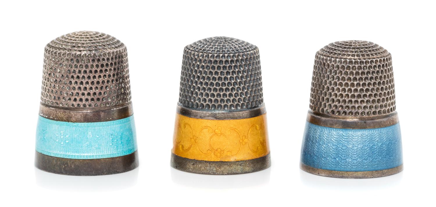 Three American Silver and Guilloche Enamel Thimbles, Simons Bros., Philadelphia, PA, each having a knurled top and body above a guilloc