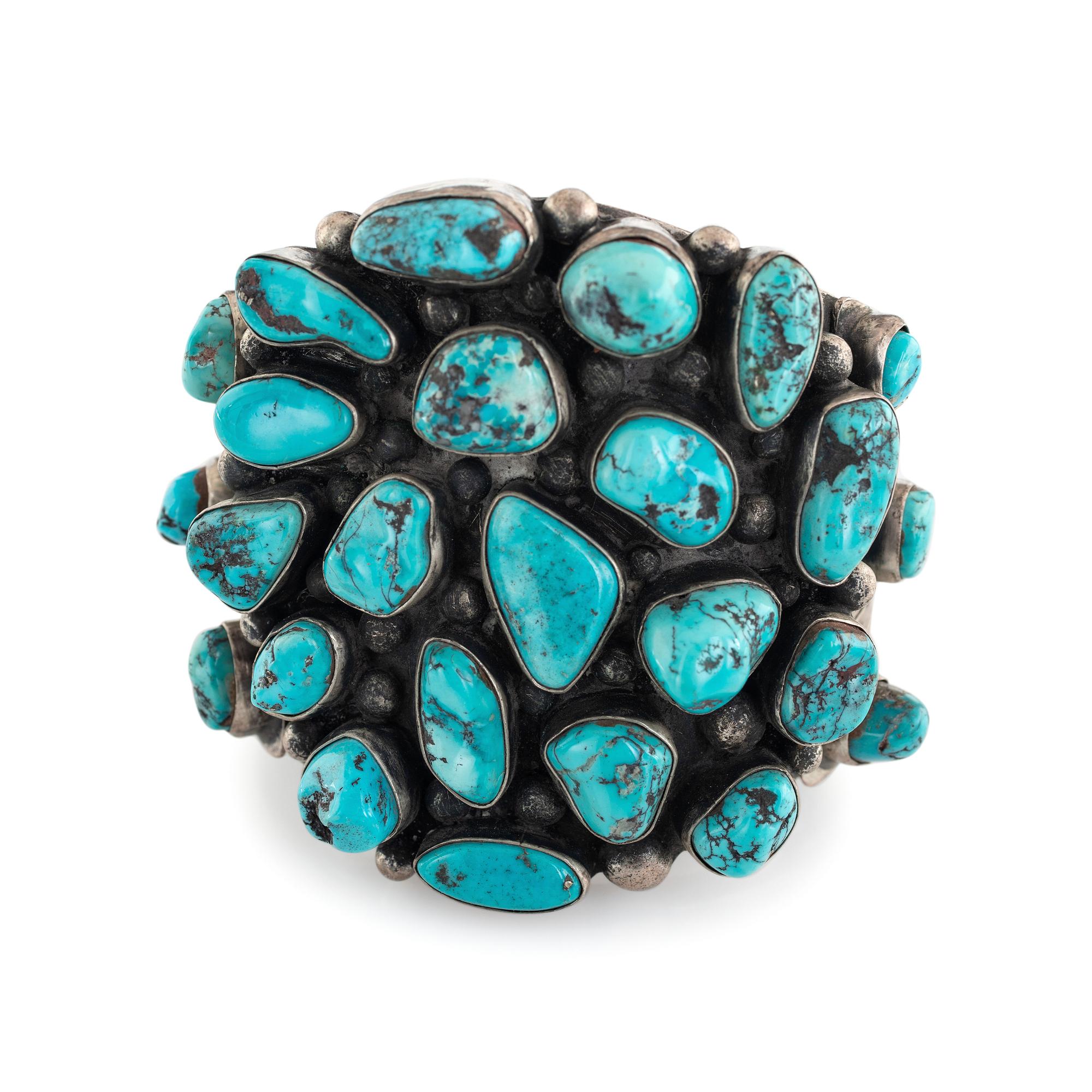 Navajo Silver and Turquoise Cluster Cuff Bracelet