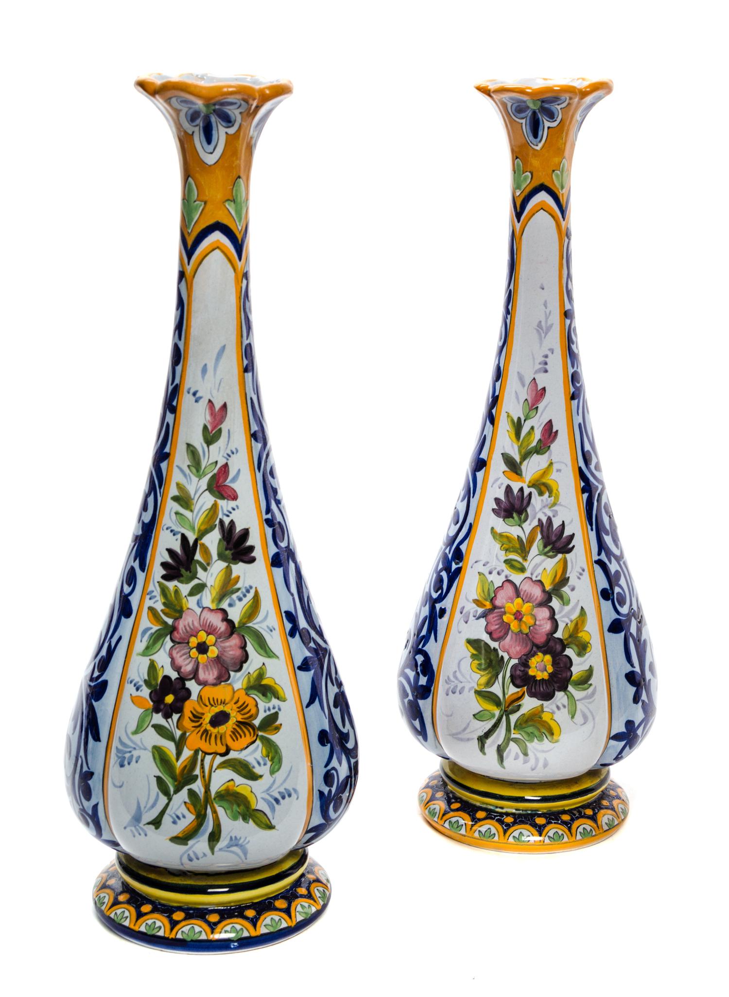 Two Quimper Pottery Vases Height 15 1/2 inches.
