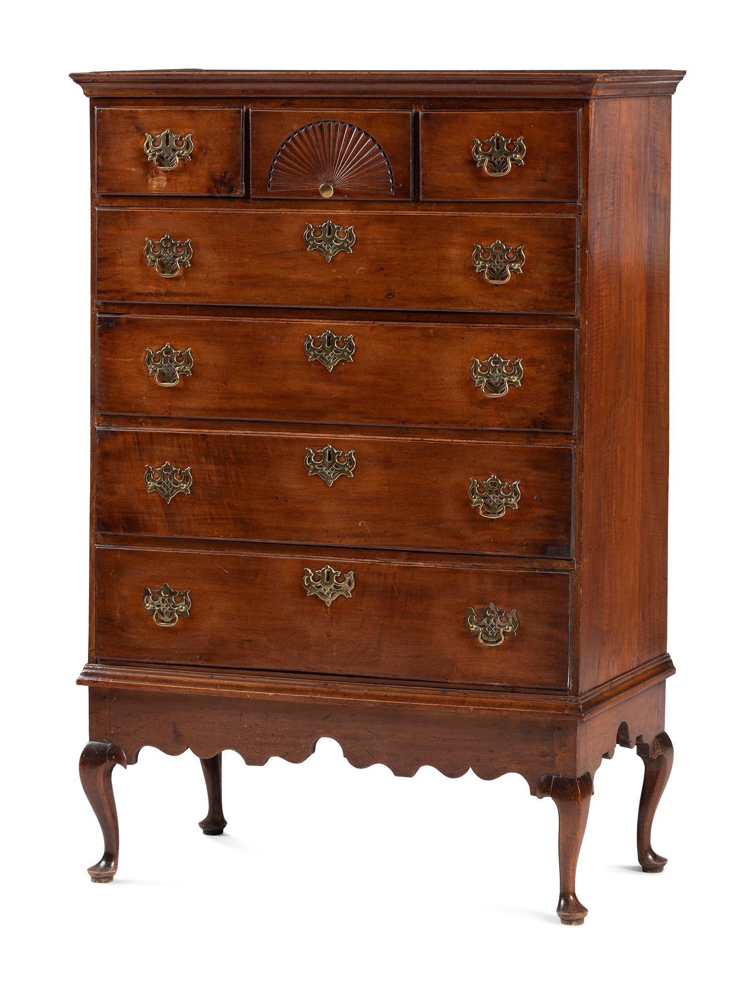 A Queen Anne Fan-Carved Maple and White Pine Flat-Top Chest on Frame