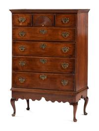 A Queen Anne Fan-Carved Maple and White Pine Flat-Top Chest on Frame