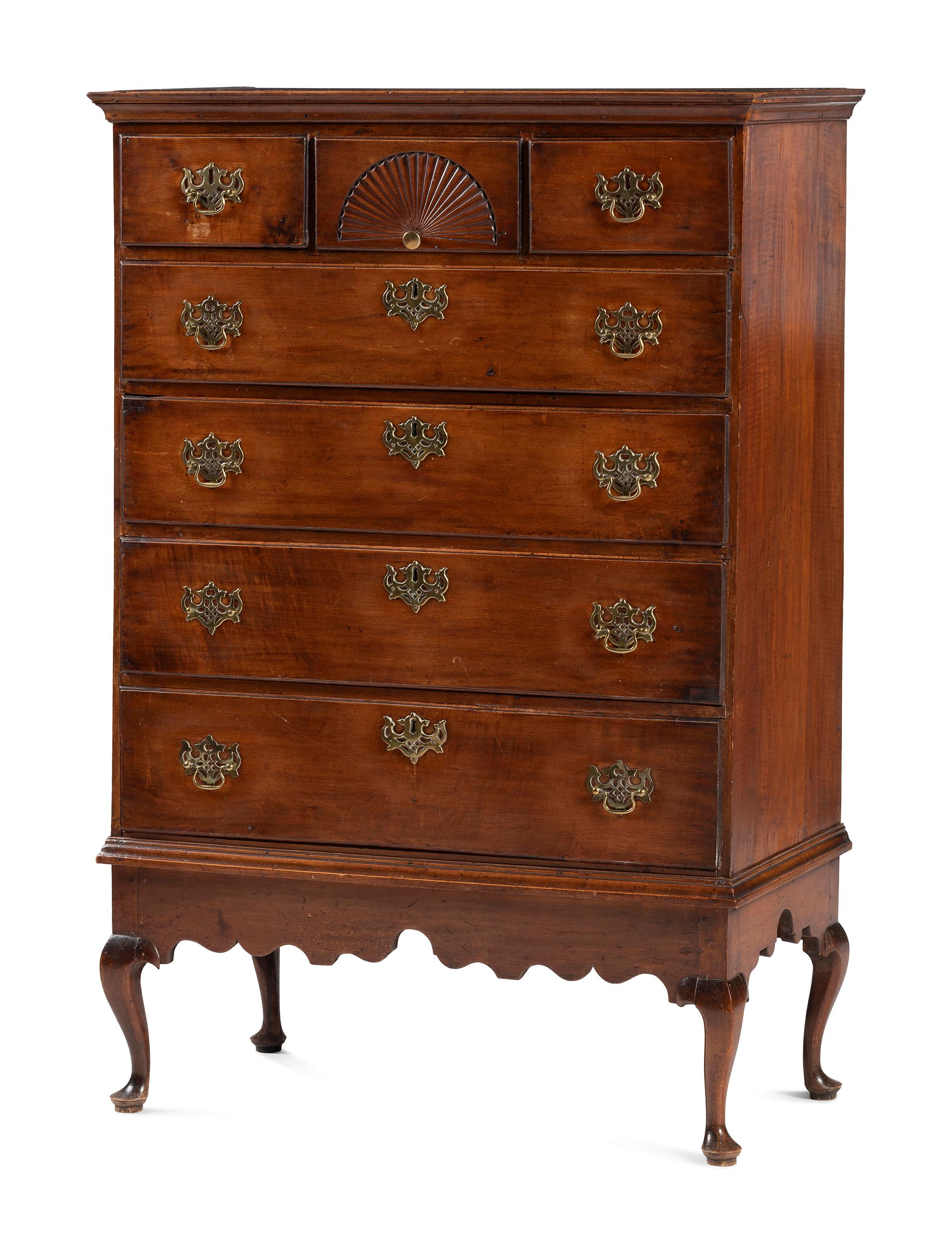 A Queen Anne Fan-Carved Maple and White Pine Flat-Top Chest on Frame