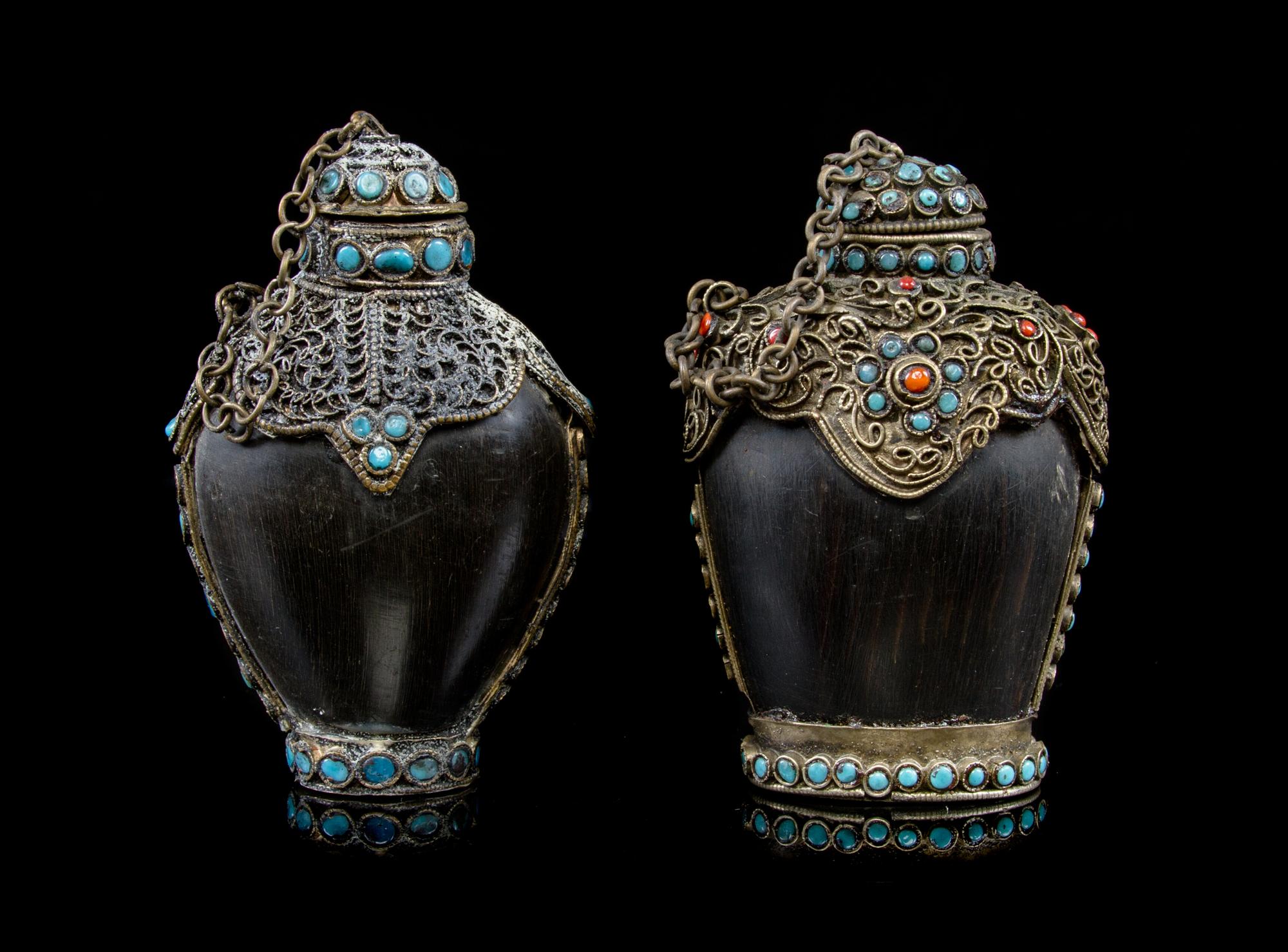 Two Tibetan Snuff Bottles Height of taller overall 3 5/8 inches.