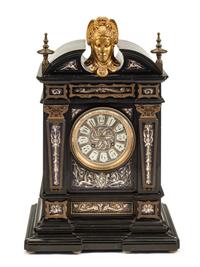 A French Gilt Bronze Mounted and Porcelain-Inset Black Marble Clock