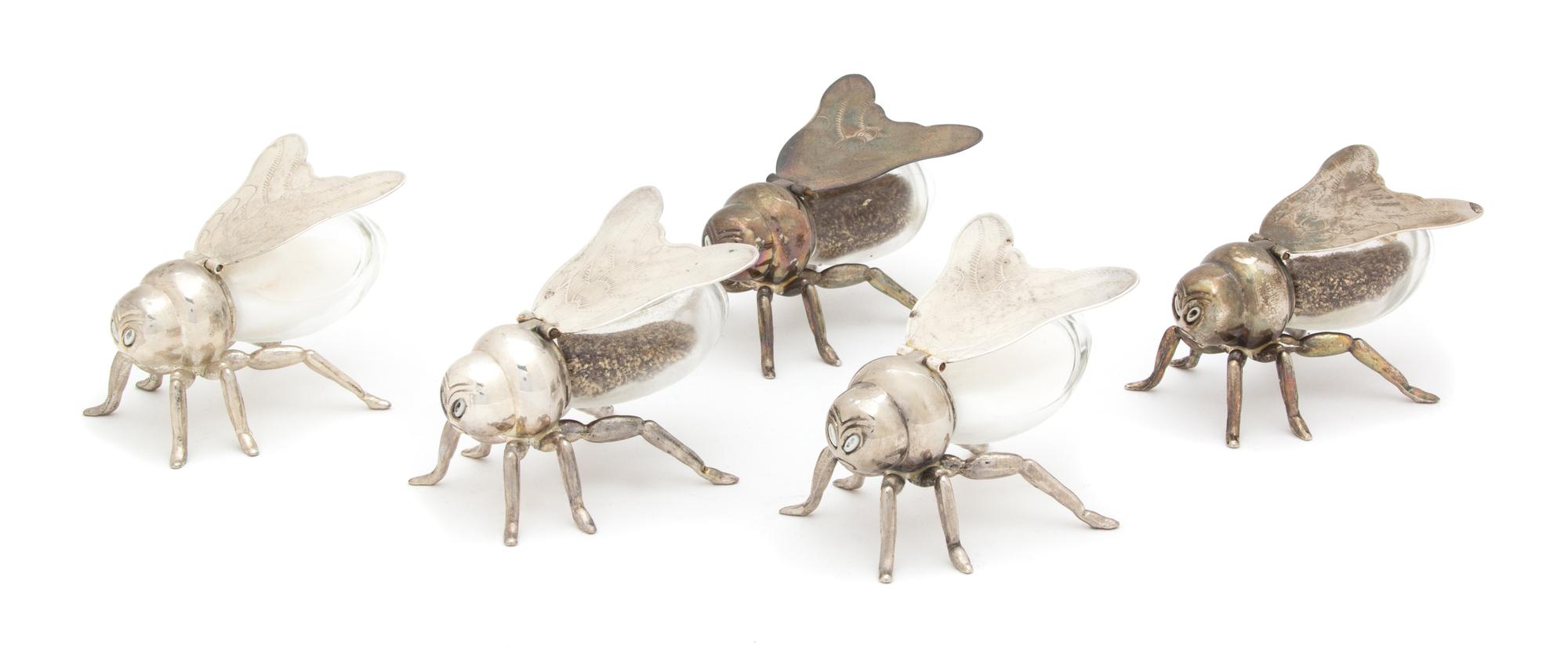 Three Pairs of Silver and Glass Bee-Form Salt and Peppers, Godinger, New York, NY,