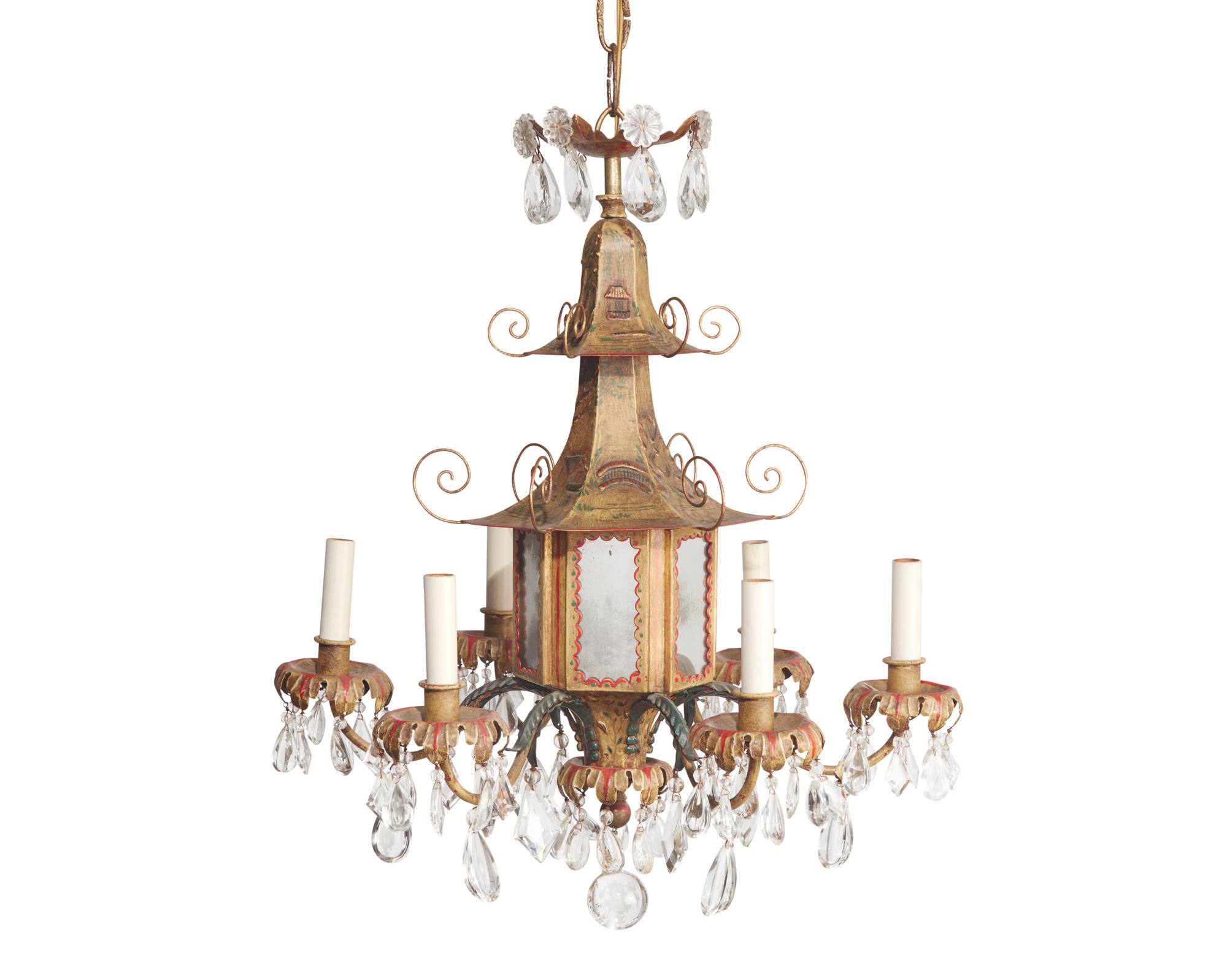 A Chinoiserie tole painted chandelier, 20th / 21st century