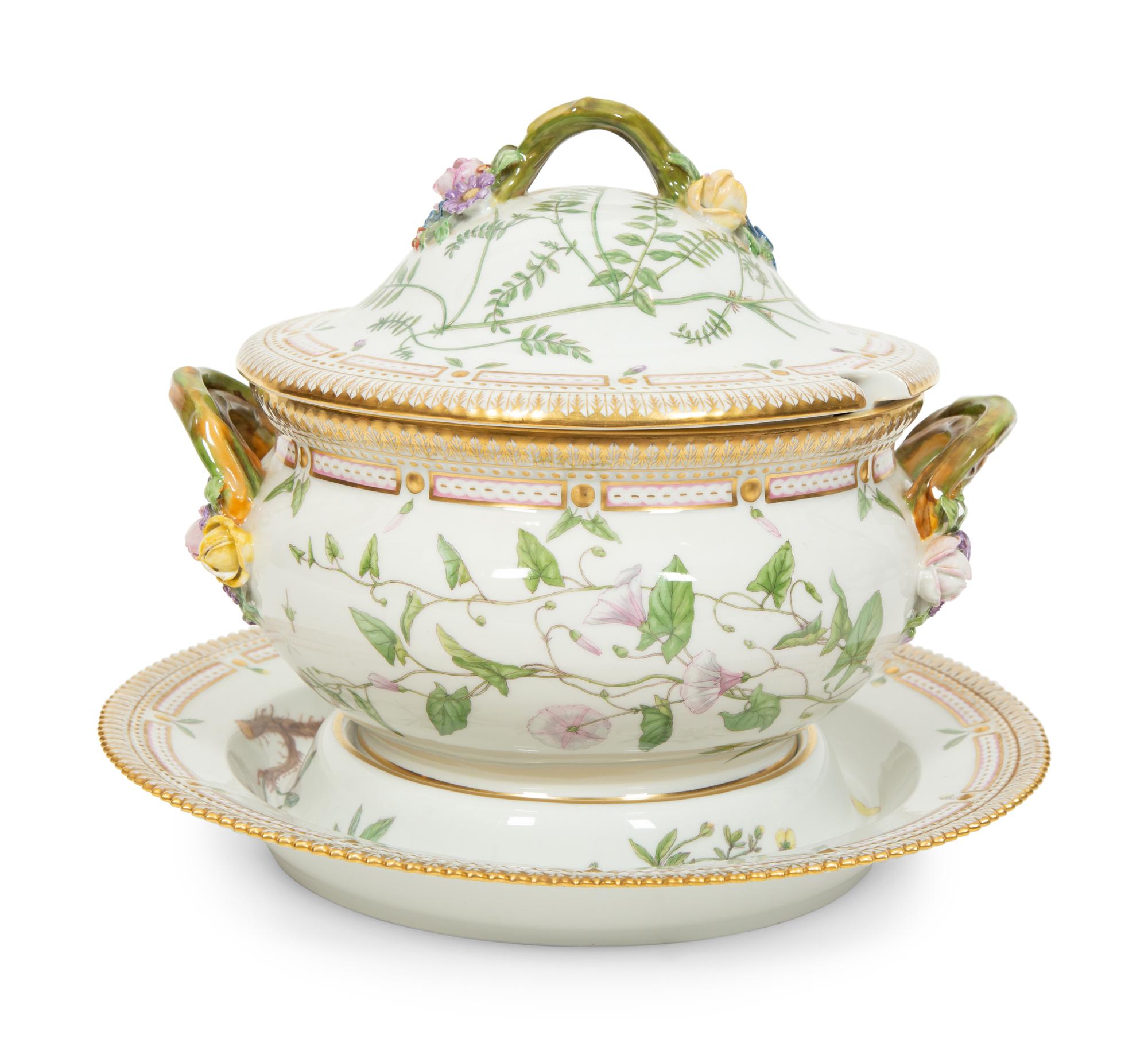 A Royal Copenhagen Flora Danica Porcelain Round Covered Tureen on Stand