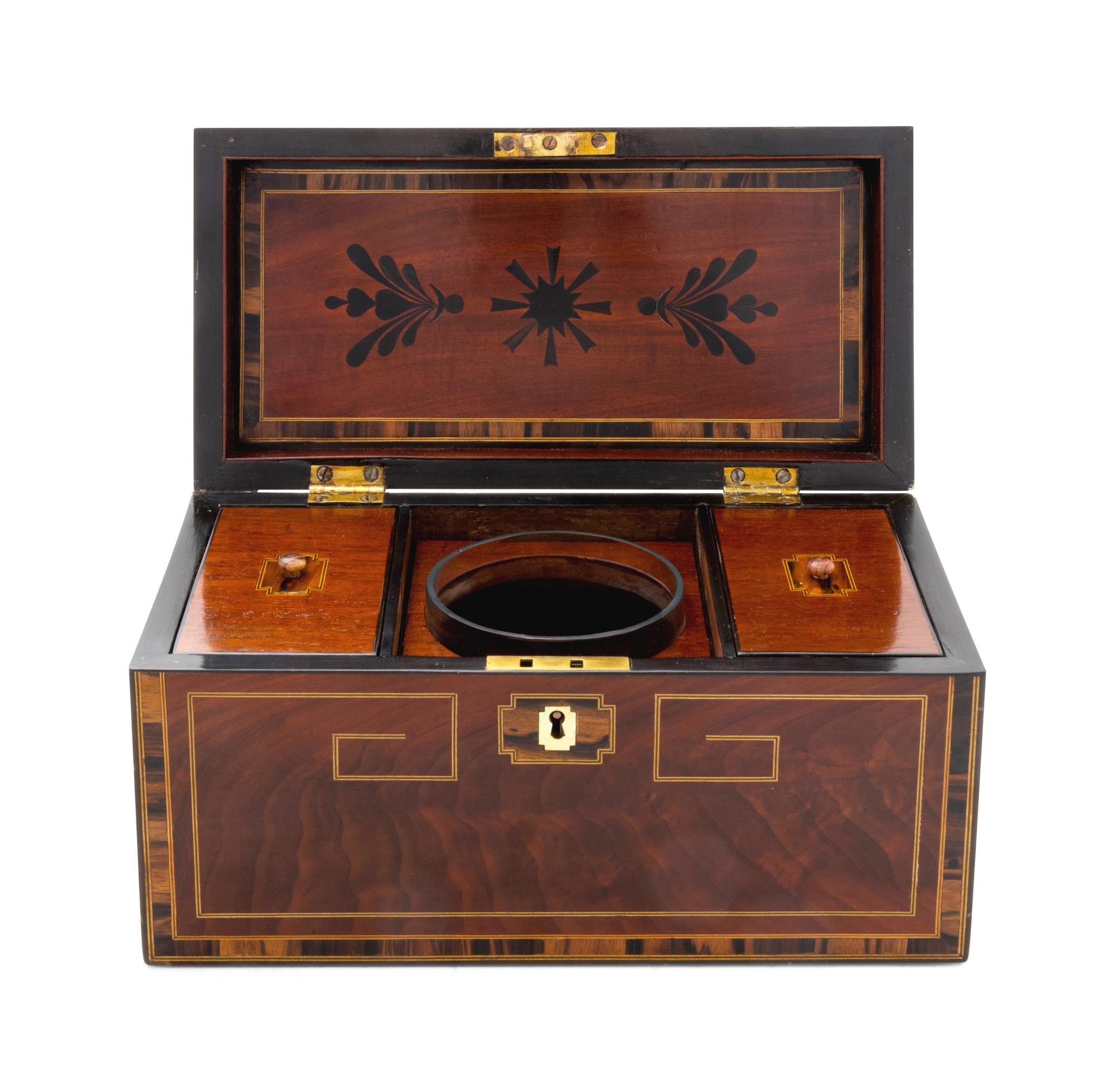 An English Mahogany, Rosewood and Marquetry Tea Caddy