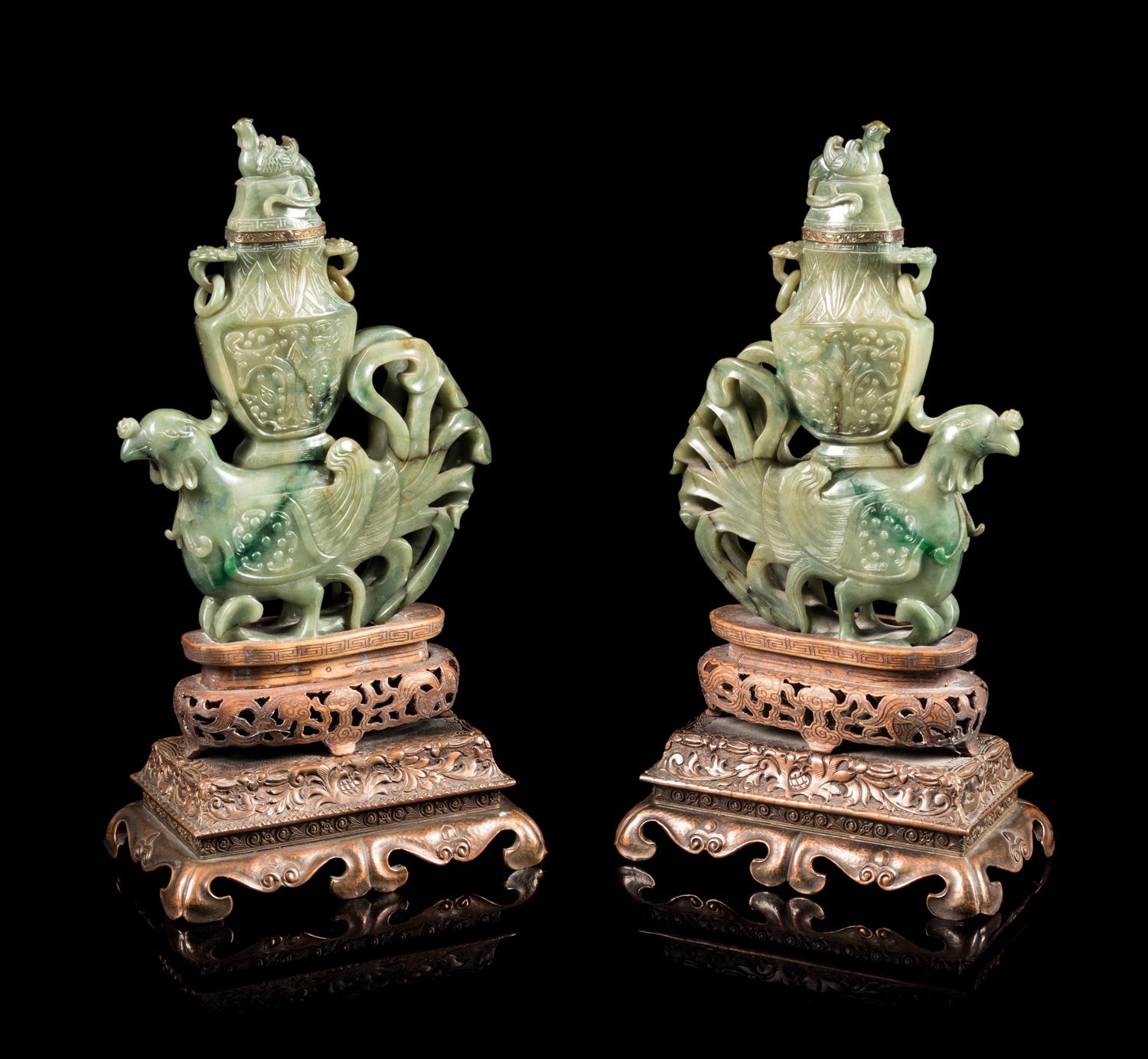 A Pair of Carved Celadon Jade Animal-Form Covered Vessels Height of each 12 1/2 inches. — 20TH CENTURY